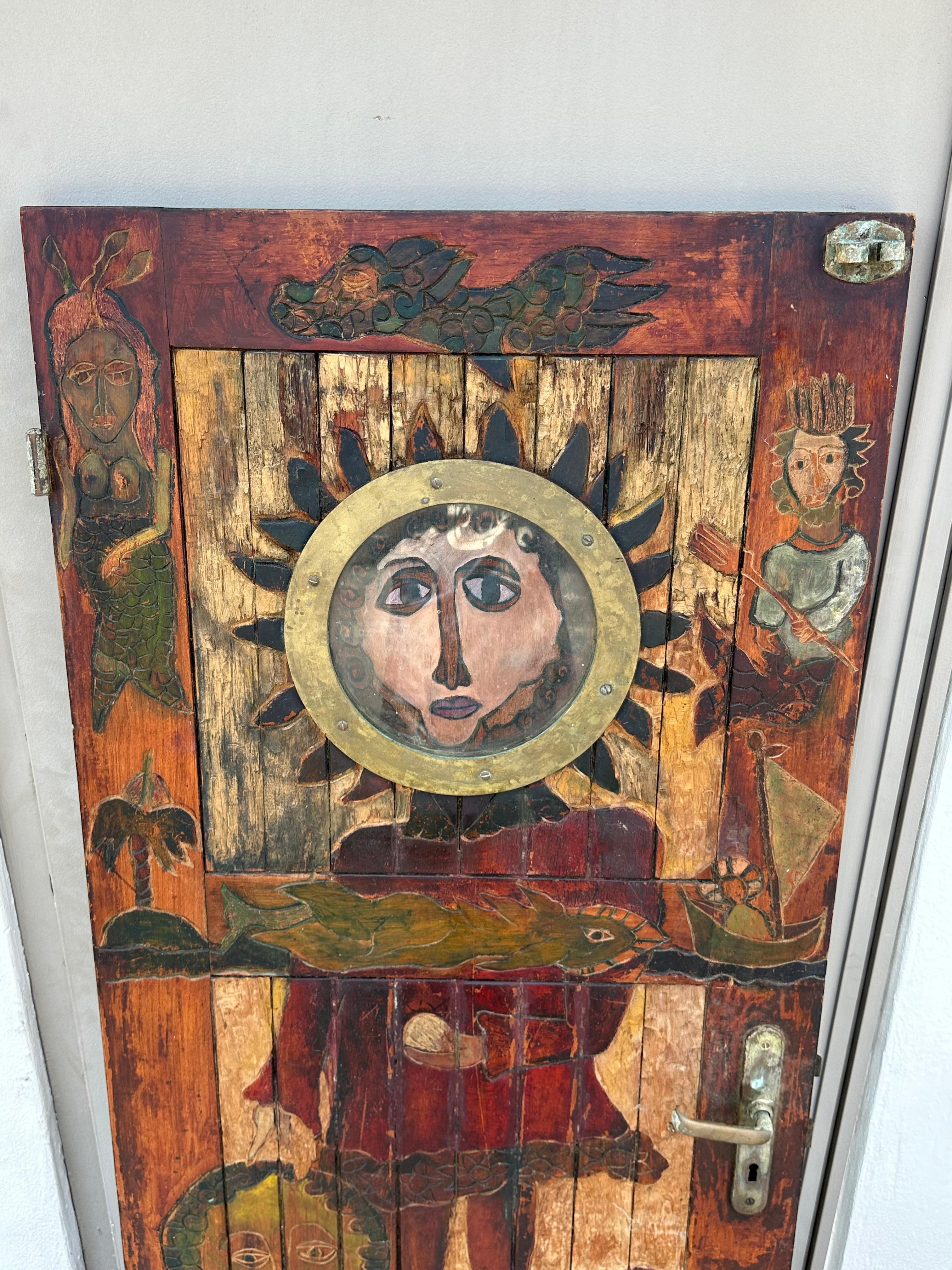 Brass 1920s Hand Carved Painted Folk Art Figurative Door For Sale