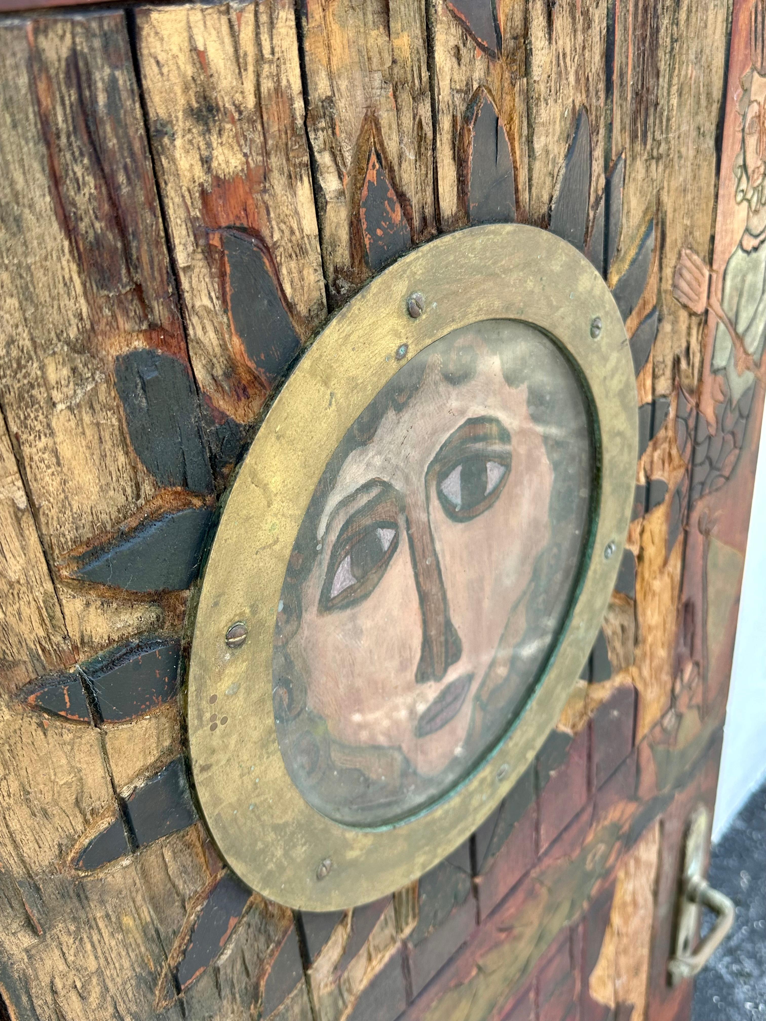 1920s Hand Carved Painted Folk Art Figurative Door For Sale 1