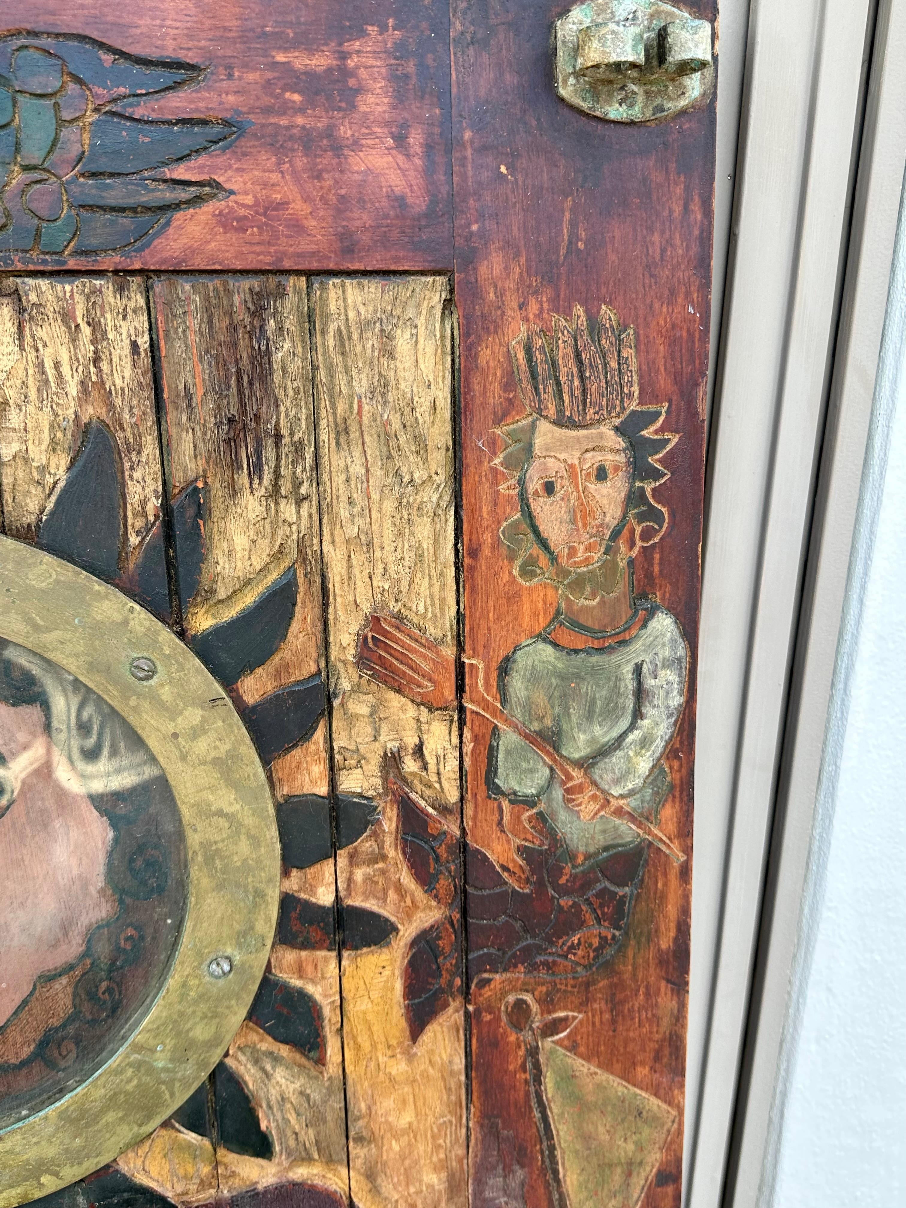 1920s Hand Carved Painted Folk Art Figurative Door For Sale 2