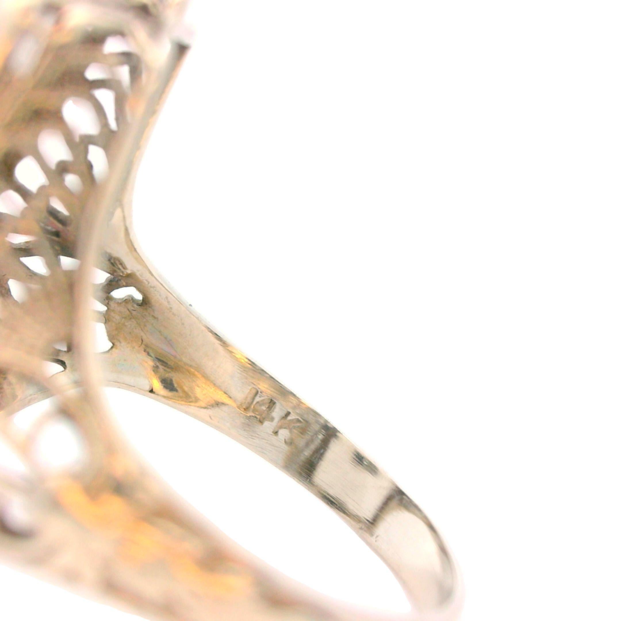 1920s Hand Carved Rock Crystal & Diamond 14k White Gold Filigree Ring 5
