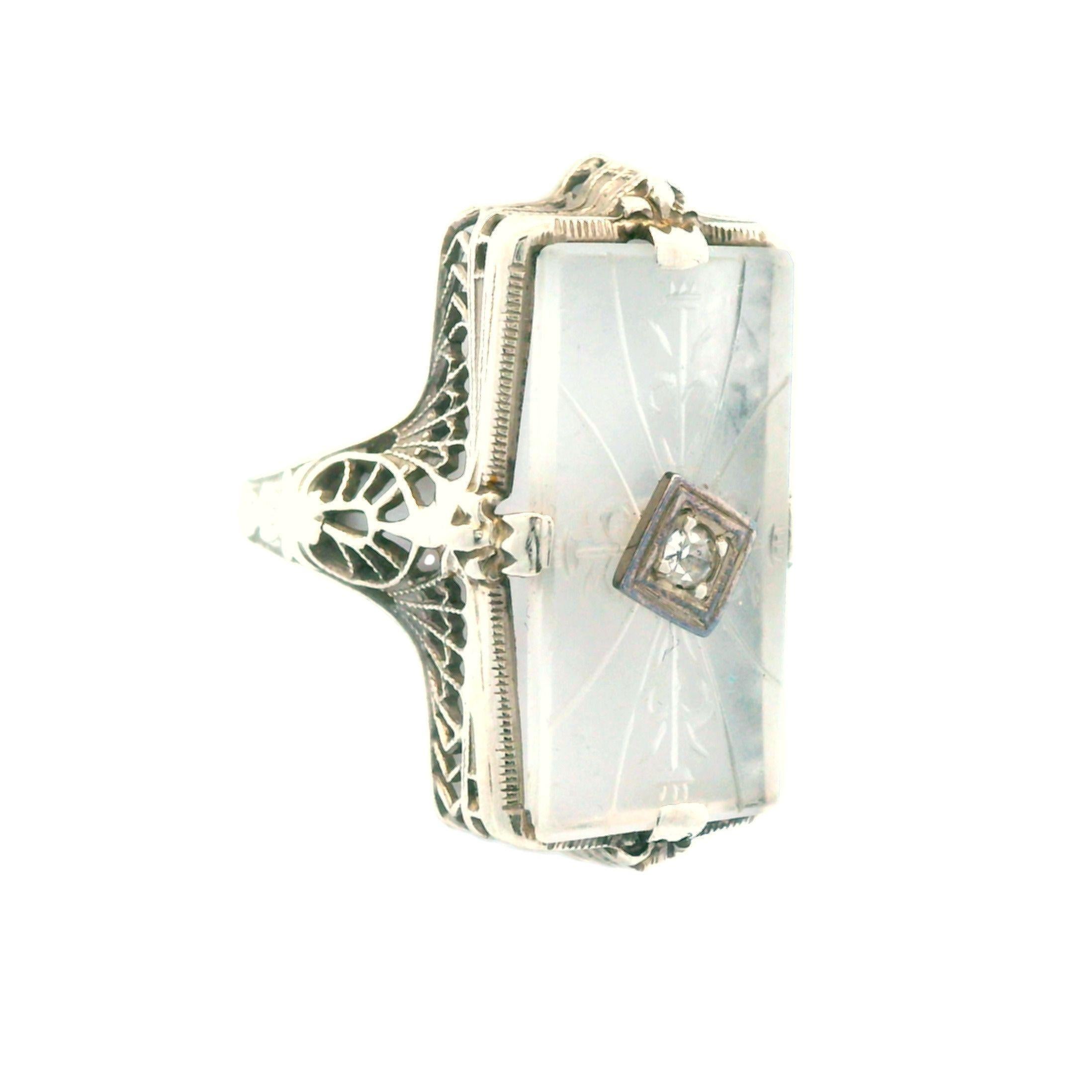 Round Cut 1920s Hand Carved Rock Crystal & Diamond 14k White Gold Filigree Ring