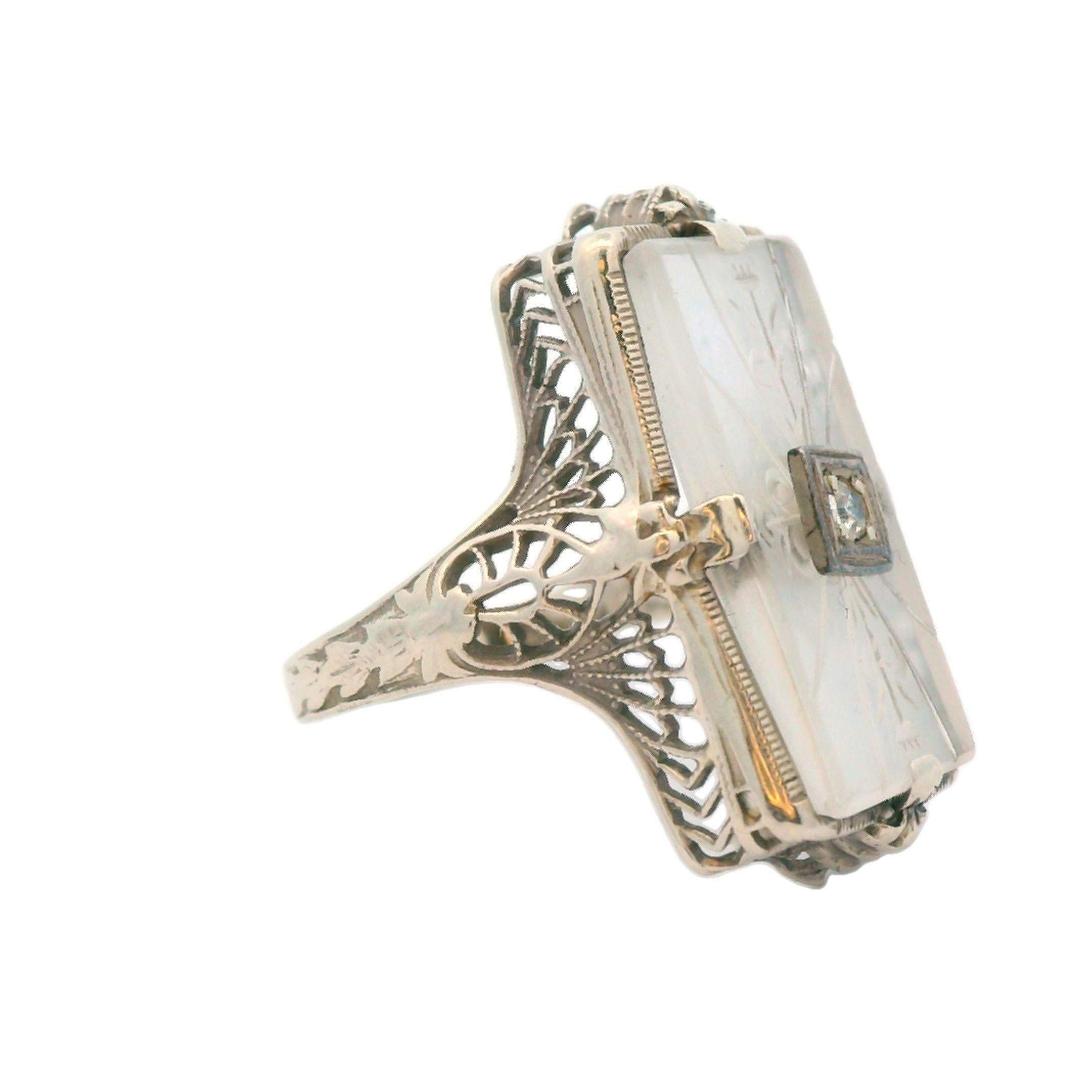 1920s Hand Carved Rock Crystal & Diamond 14k White Gold Filigree Ring In Good Condition In Lexington, KY