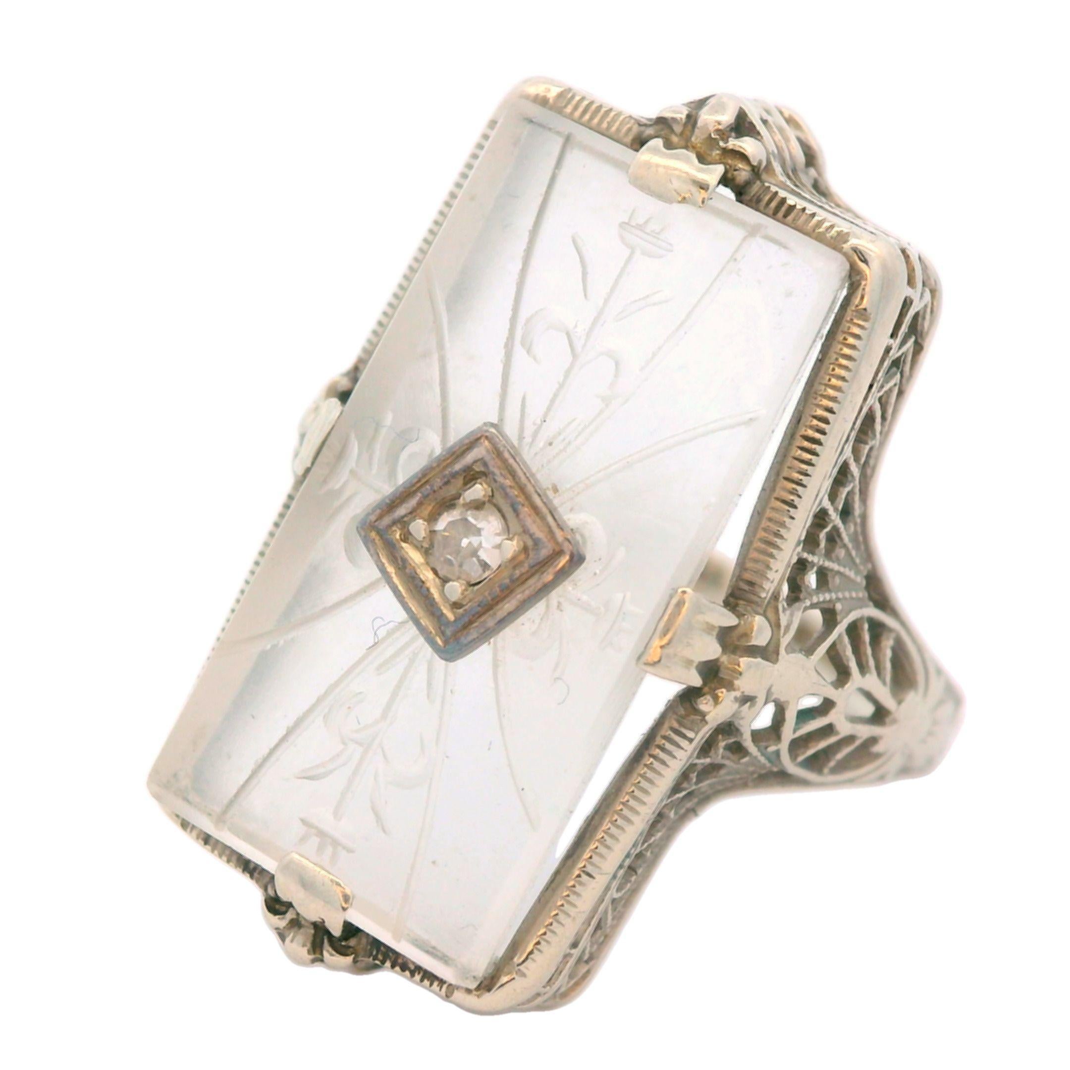 1920s Hand Carved Rock Crystal & Diamond 14k White Gold Filigree Ring 1