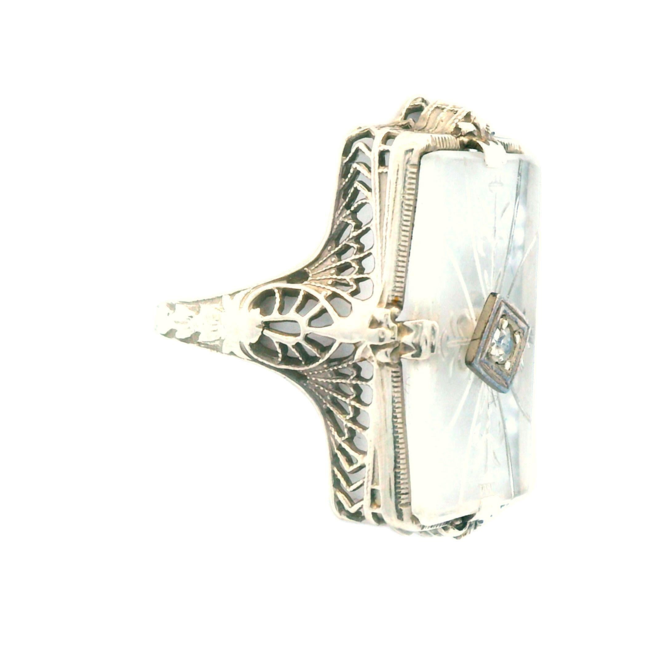 1920s Hand Carved Rock Crystal & Diamond 14k White Gold Filigree Ring 2