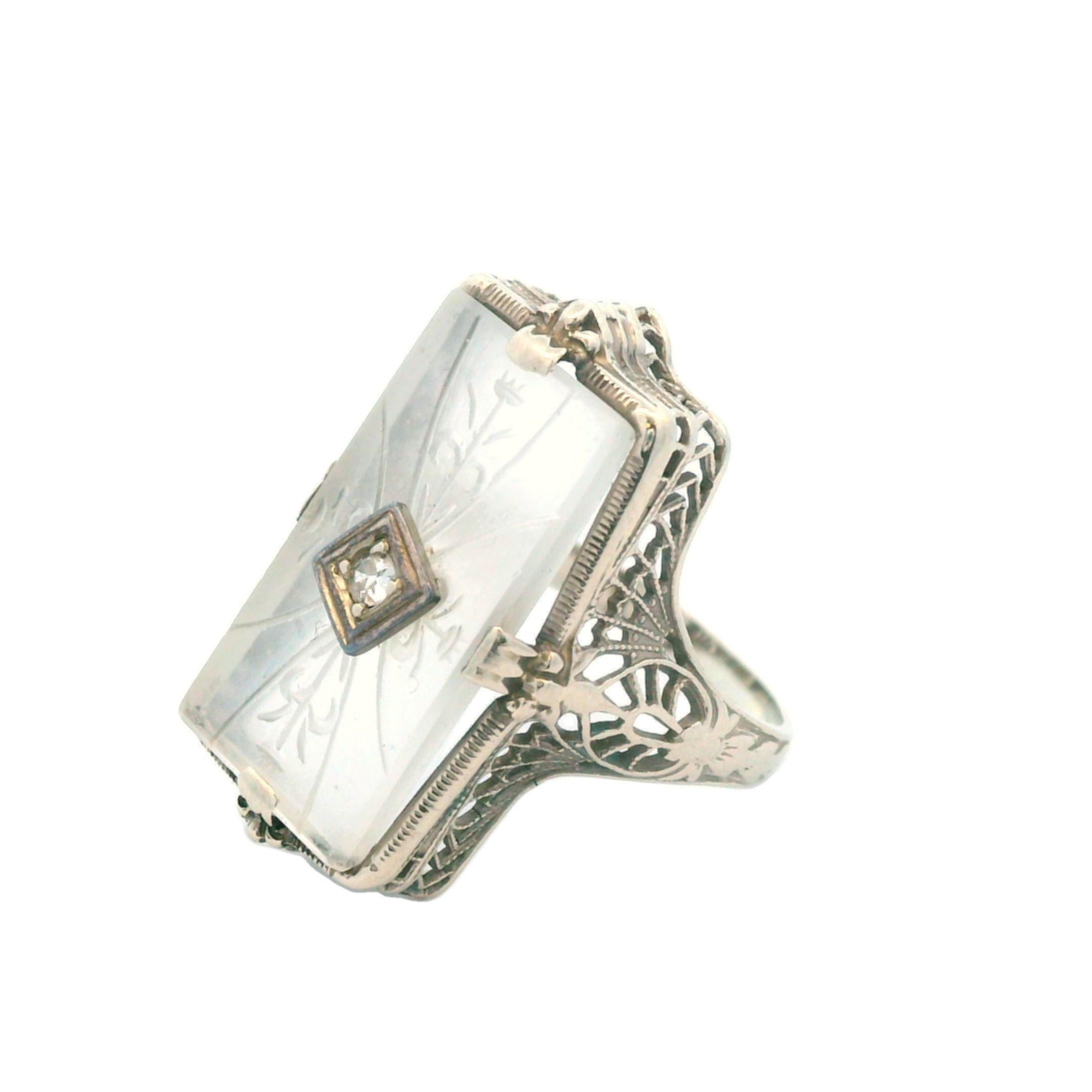 1920s Hand Carved Rock Crystal & Diamond 14k White Gold Filigree Ring 4