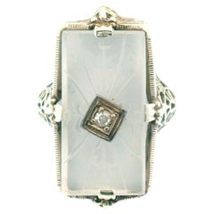 1920s Hand Carved Rock Crystal & Diamond 14k White Gold Filigree Ring