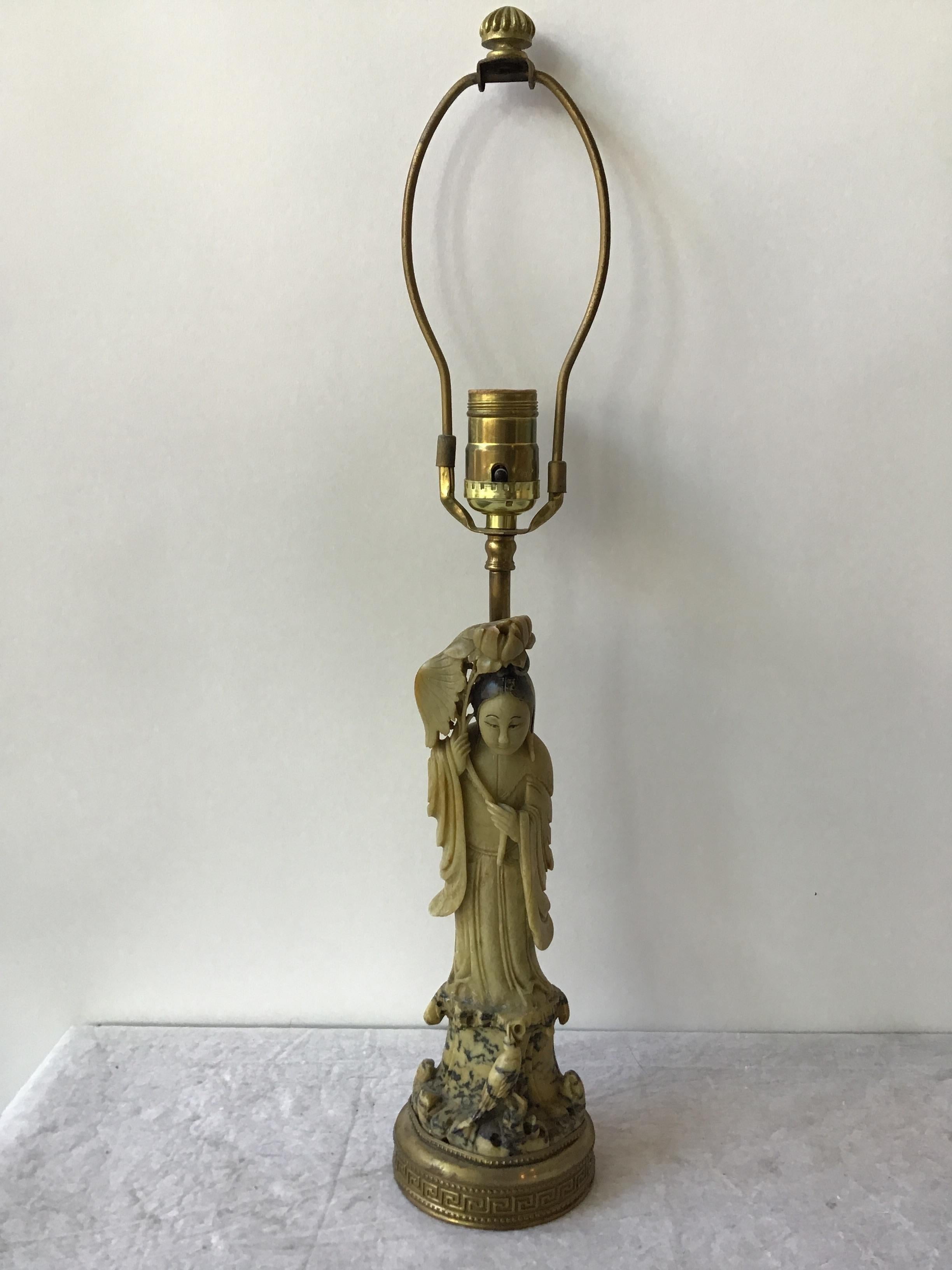 1920s hand carved soapstone Asian figural lamp.