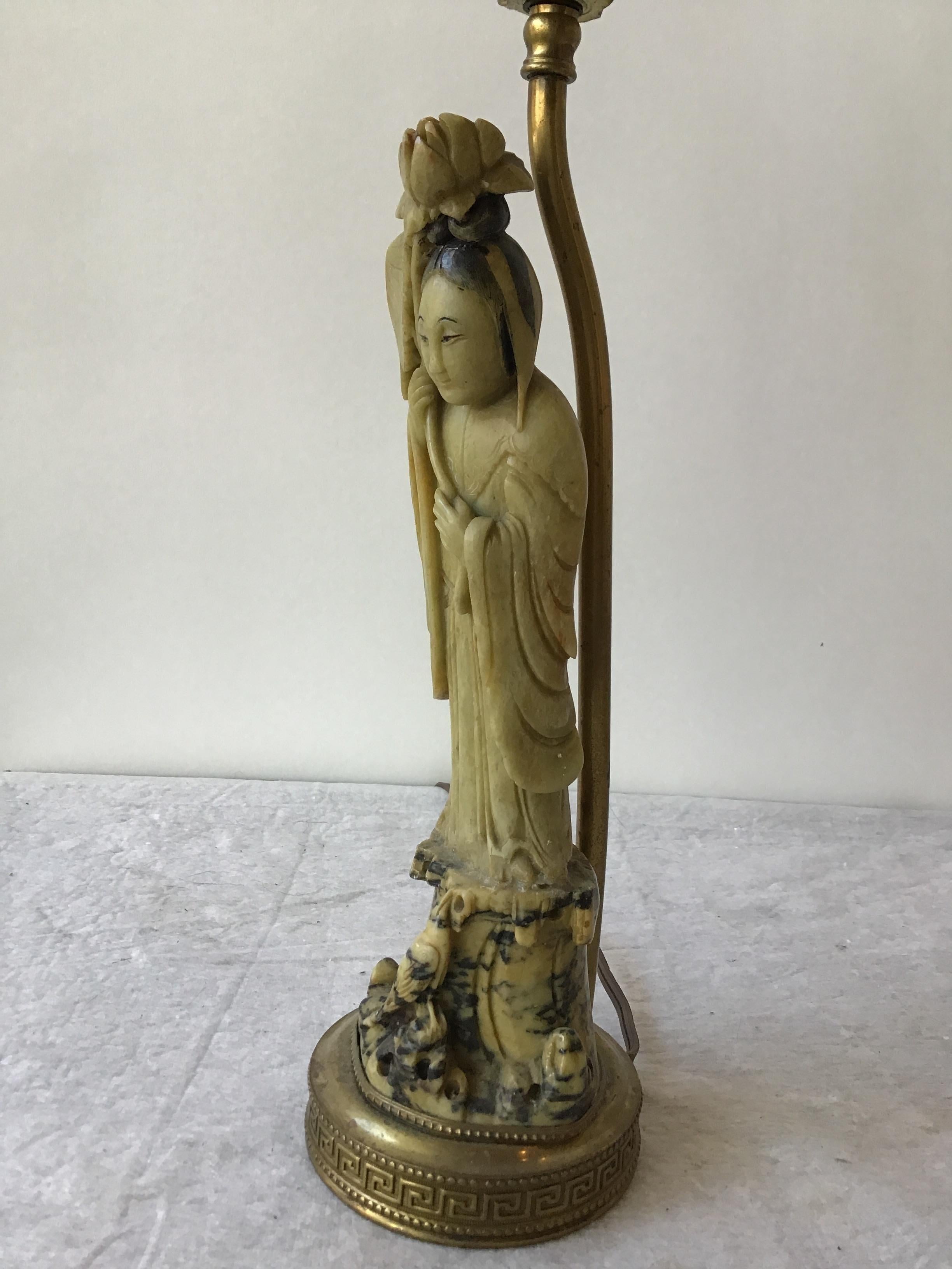 1920s Hand Carved Soapstone Asian Figural Lamp In Good Condition In Tarrytown, NY