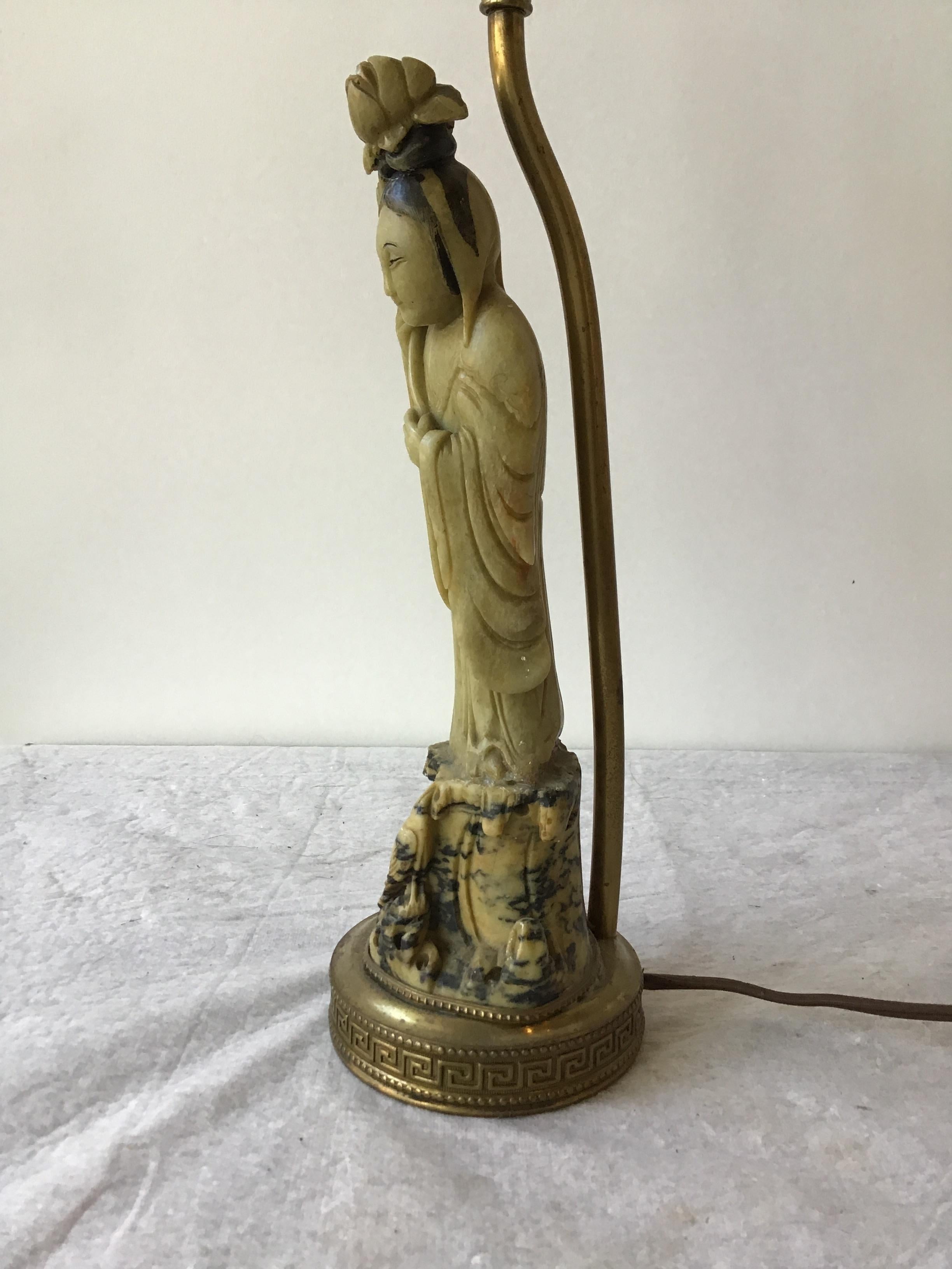 Early 20th Century 1920s Hand Carved Soapstone Asian Figural Lamp