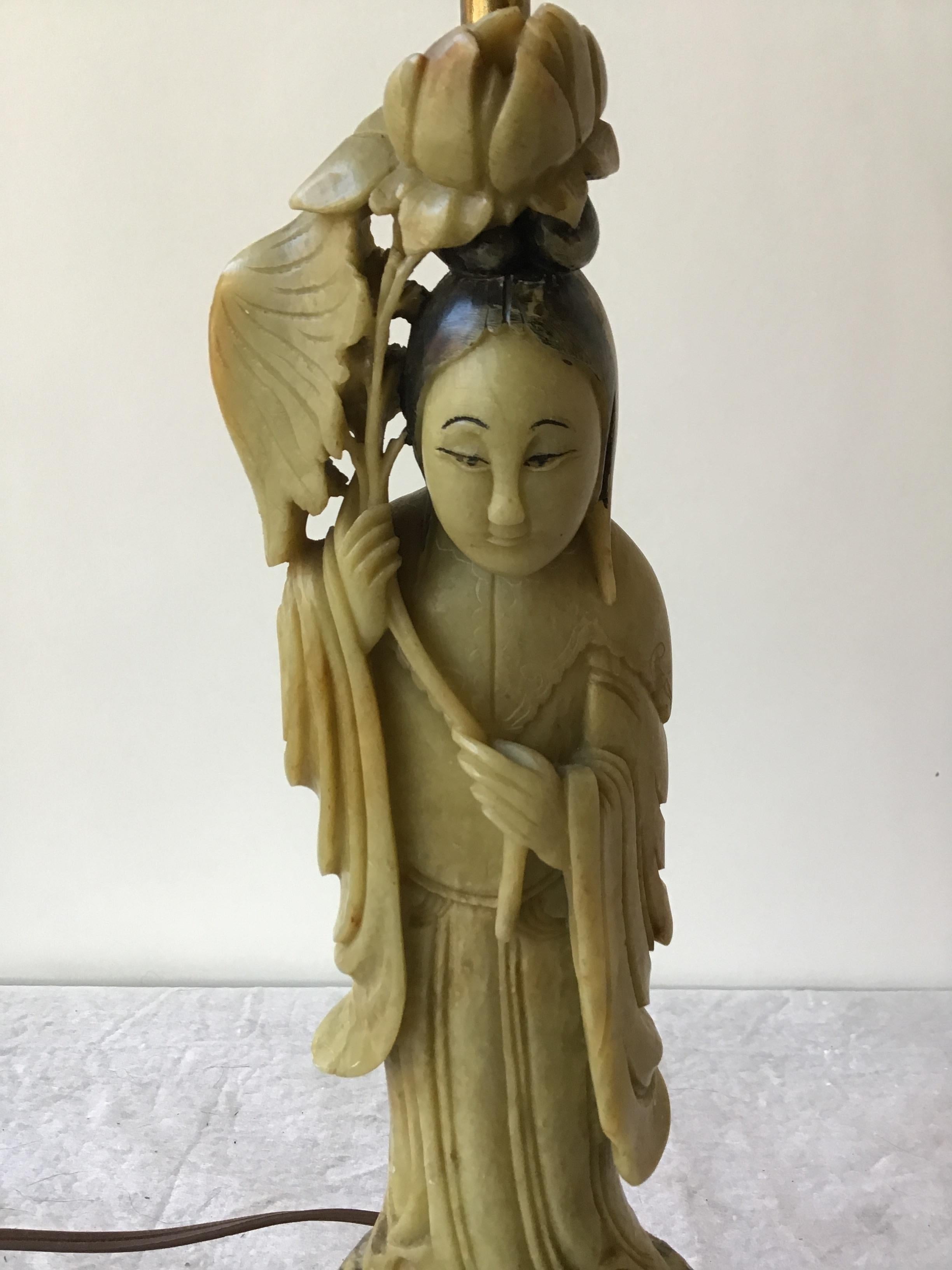 1920s Hand Carved Soapstone Asian Figural Lamp 3