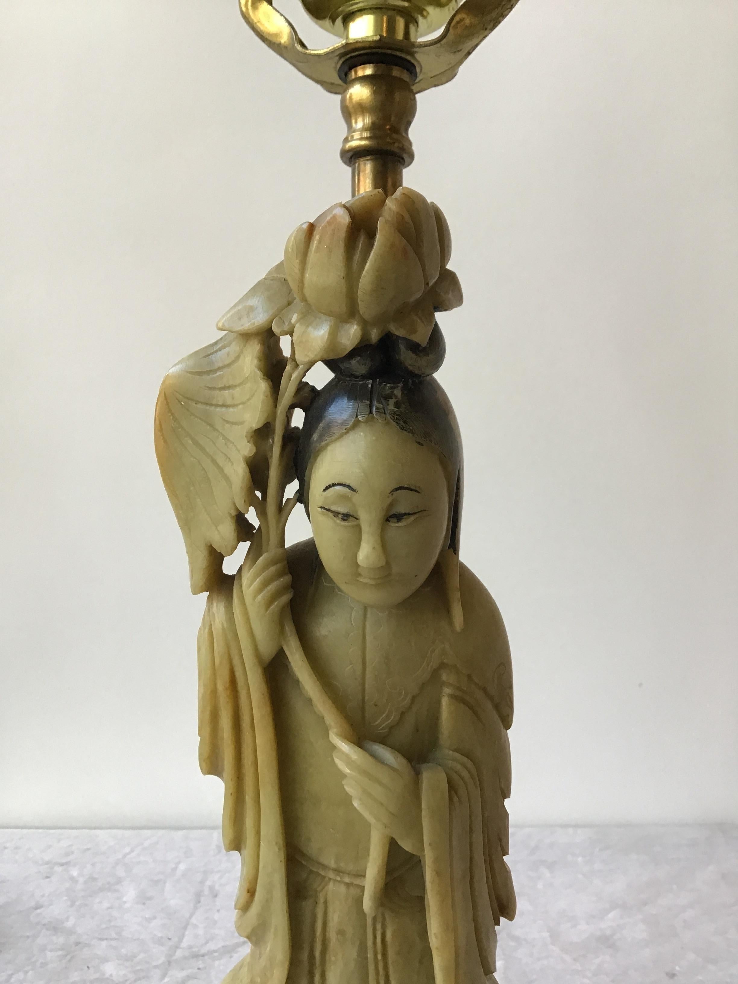 1920s Hand Carved Soapstone Asian Figural Lamp 4