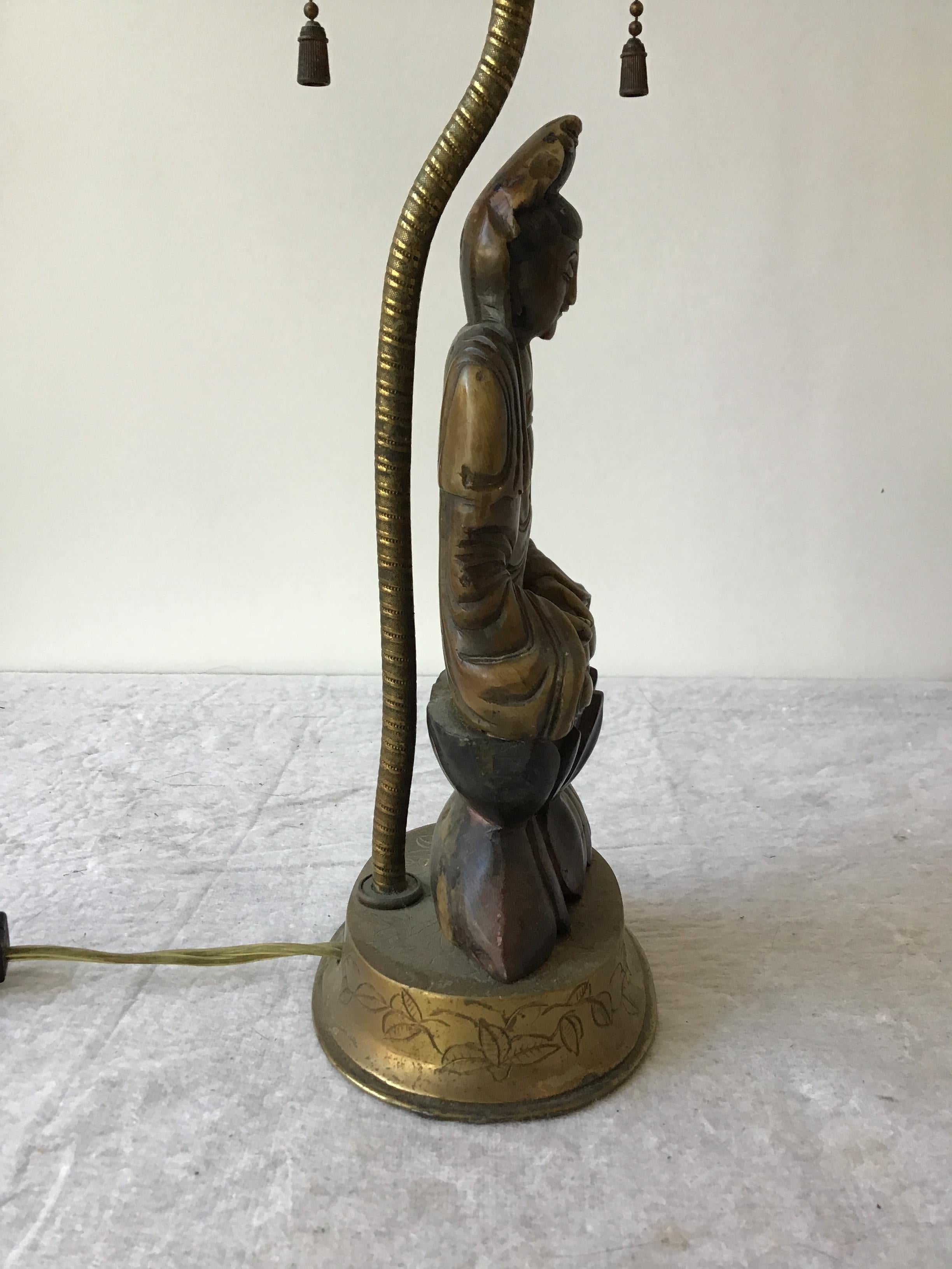 1920s Hand Carved Soapstone Asian Figural Lamp on Brass Base For Sale 2