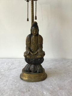 1920s Hand Carved Soapstone Asian Figural Lamp on Brass Base