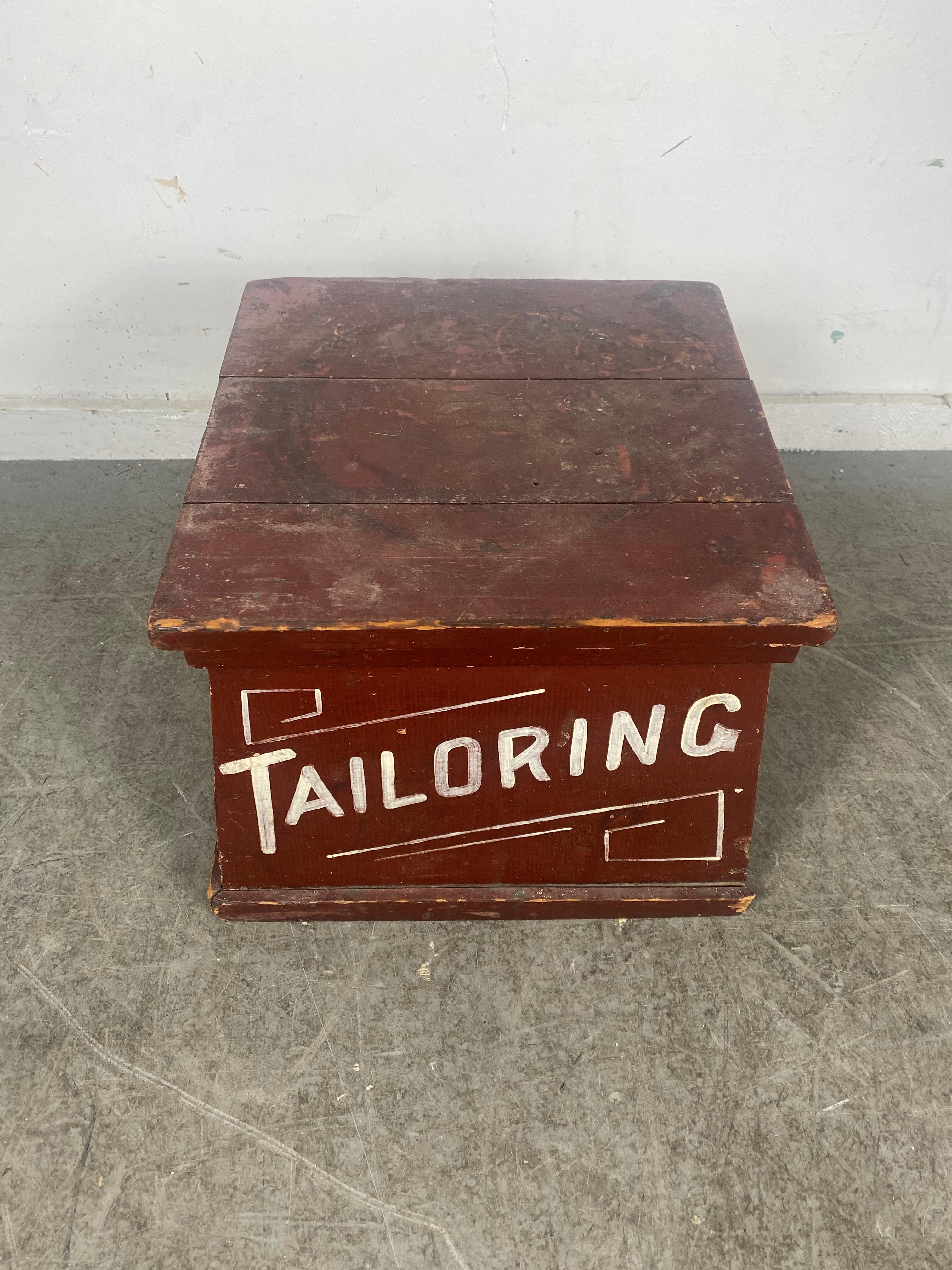 Great old item. Salvaged from downtown Buffalo Ny Clothing store. Hand crafted and hand painted, alterations fitting platform, Wonderful color, surface and patina. Great graphics, lettering.