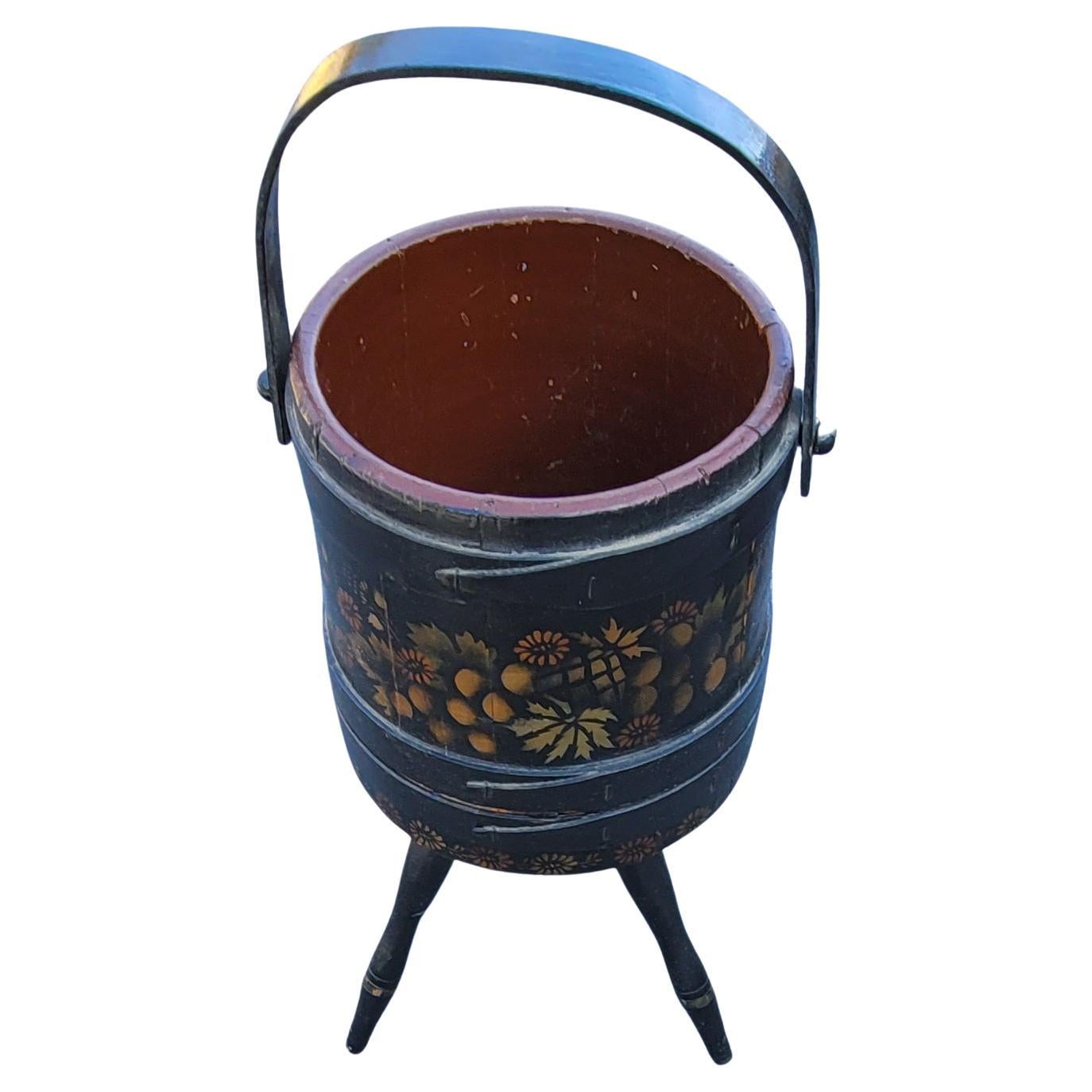 Edwardian 1920s Hand-Crafted, Painted and Decorated Tripod Firkin or Sewing Bucket For Sale
