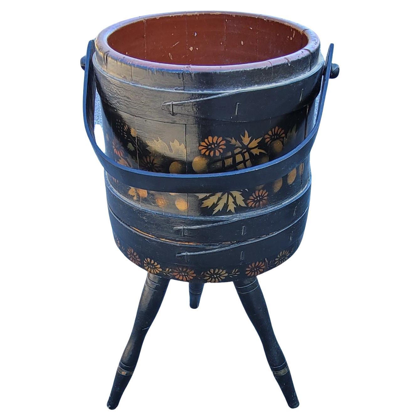 American 1920s Hand-Crafted, Painted and Decorated Tripod Firkin or Sewing Bucket For Sale
