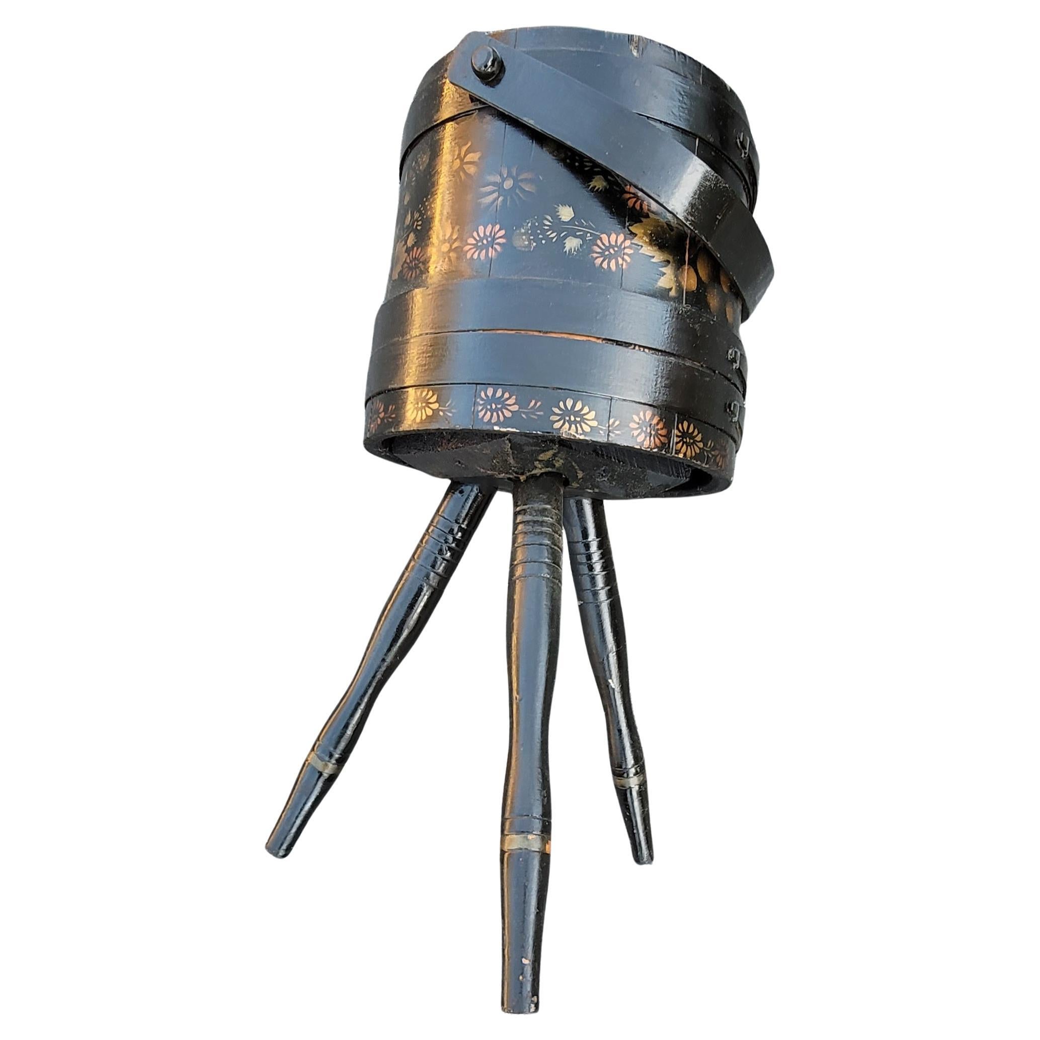 20th Century 1920s Hand-Crafted, Painted and Decorated Tripod Firkin or Sewing Bucket For Sale