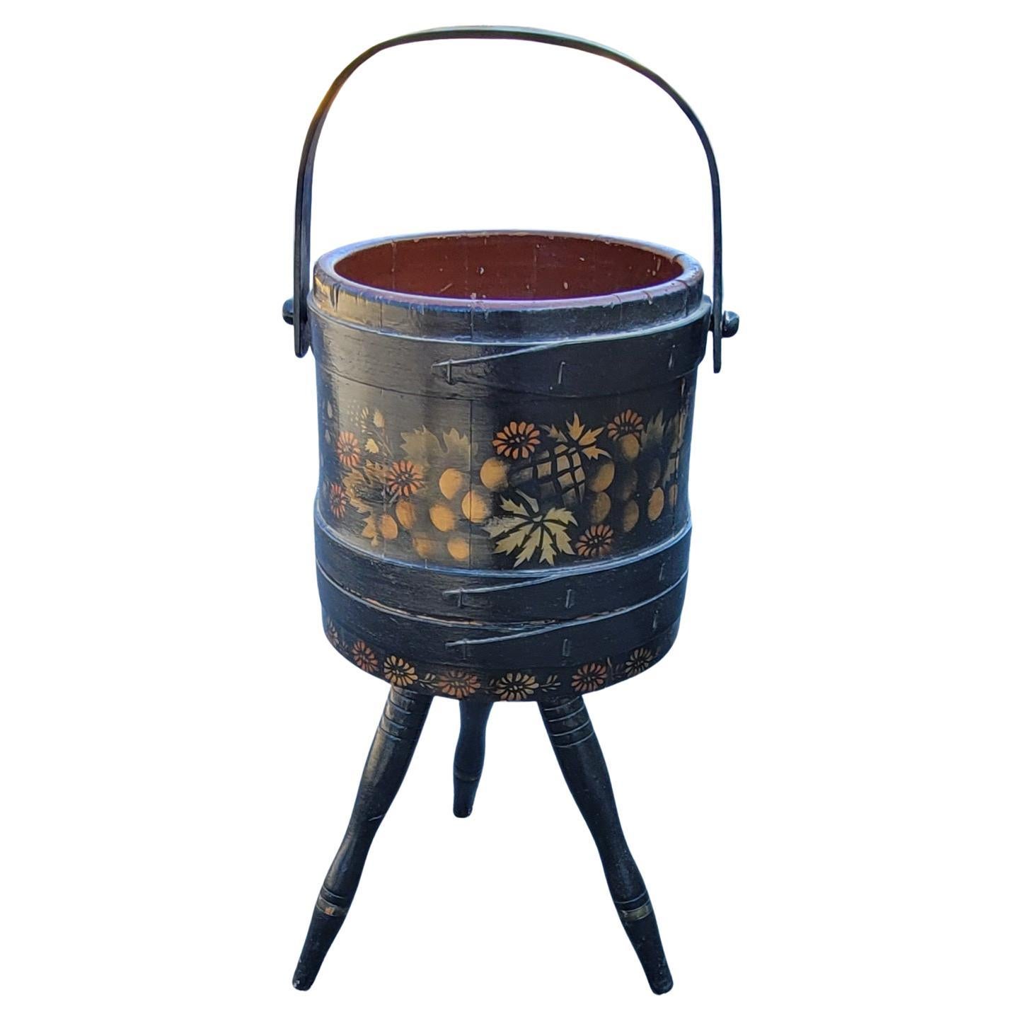 1920s Hand-Crafted, Painted and Decorated Tripod Firkin or Sewing Bucket For Sale