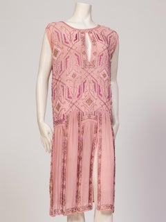 1920S Hand Embroidered & Beaded Sheer Pink Flapper  Dress