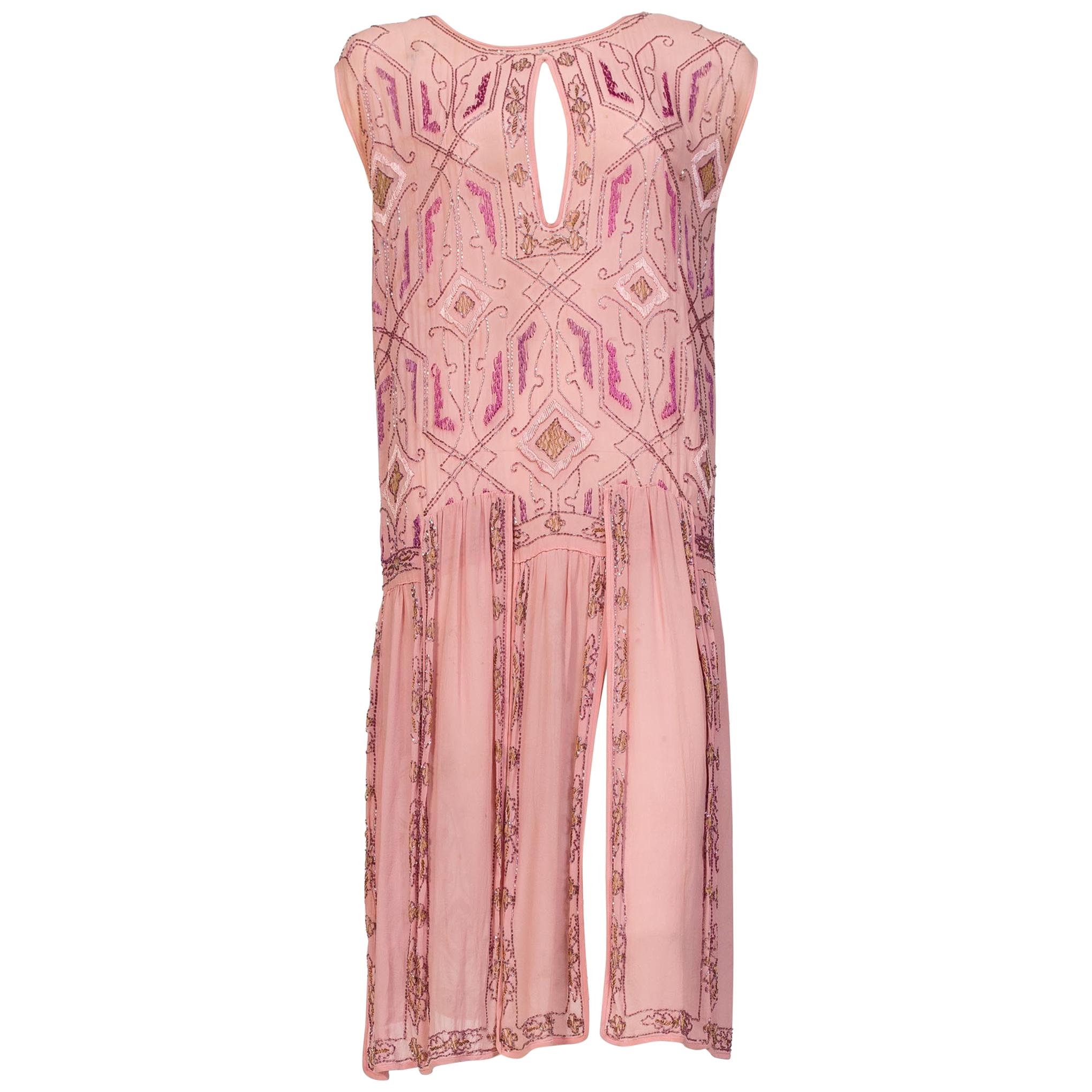 1920S Hand Embroidered 
Beaded Sheer Pink Flapper  Dress