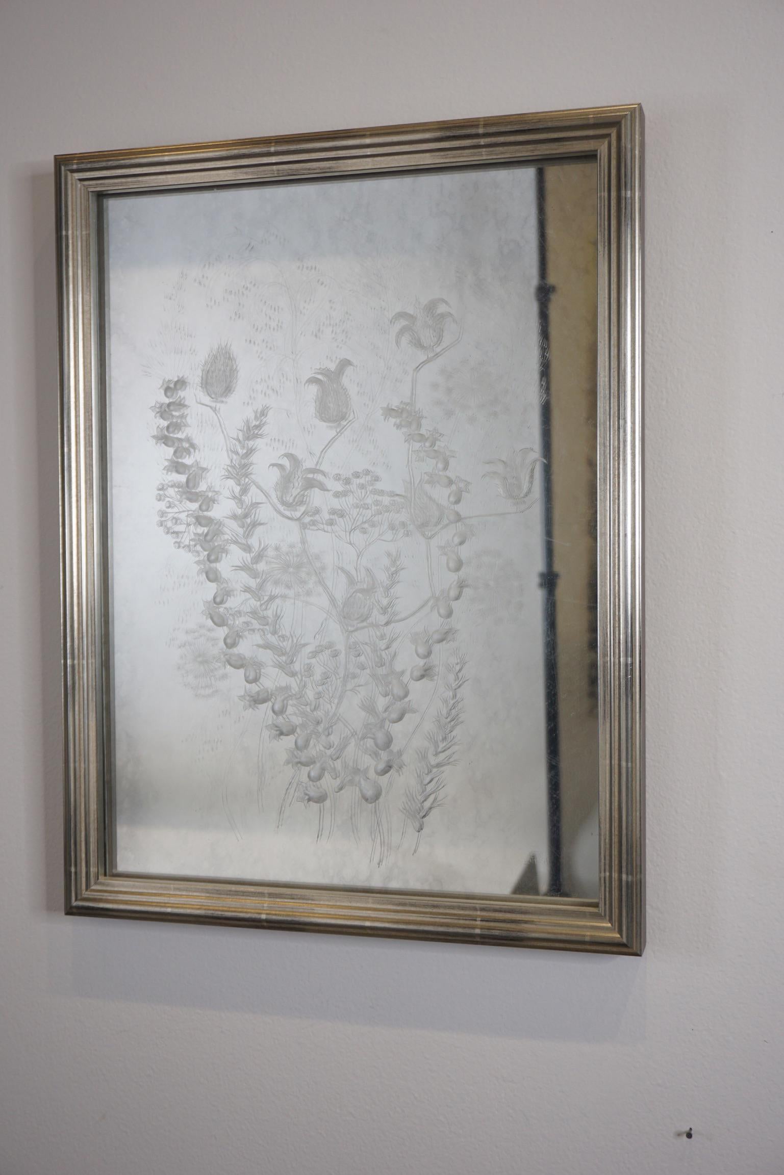 1920's etched Lucite botanical panels found at an estate sale were backed with antiqued mirror and frame to elevate the beauty of the hand-etching. These beauties were the star of the show in the Potting Room at the Hamptons Showhouse.