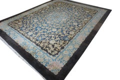 1920s Hand Knotted Allover Navy Blue Floral Antique Peking Chinese Carpet Rug