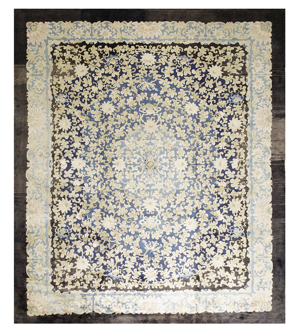 1920s Hand Knotted Allover Navy Blue Floral Antique Peking Chinese Carpet Rug For Sale