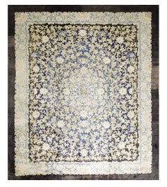 1920s Hand Knotted Allover Navy Blue Floral Antique Peking Chinese Carpet Rug