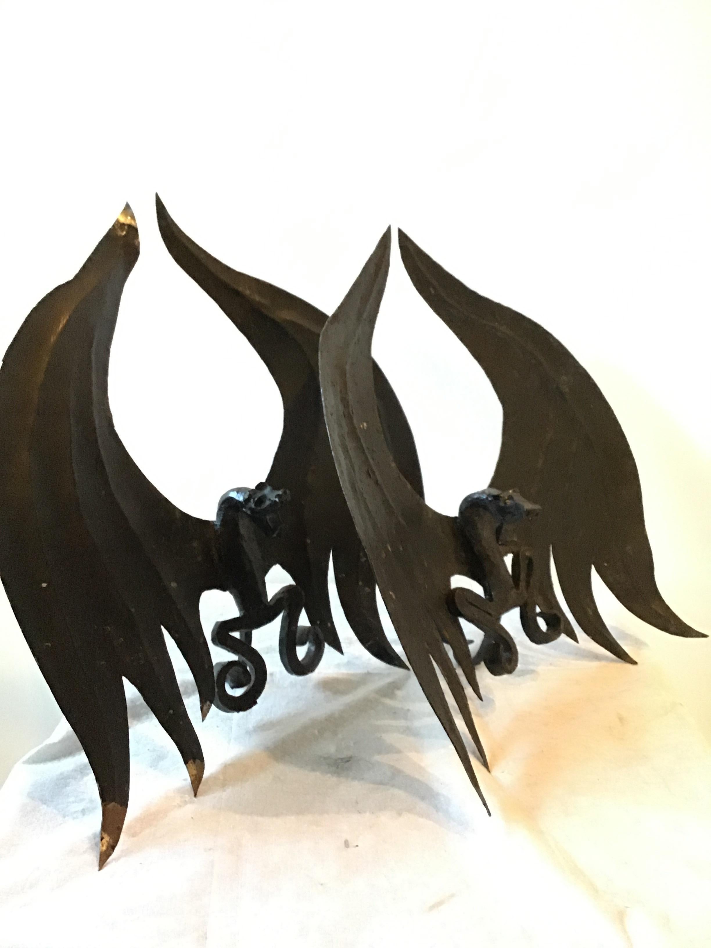 1920s handmade iron and tin dragon andirons.