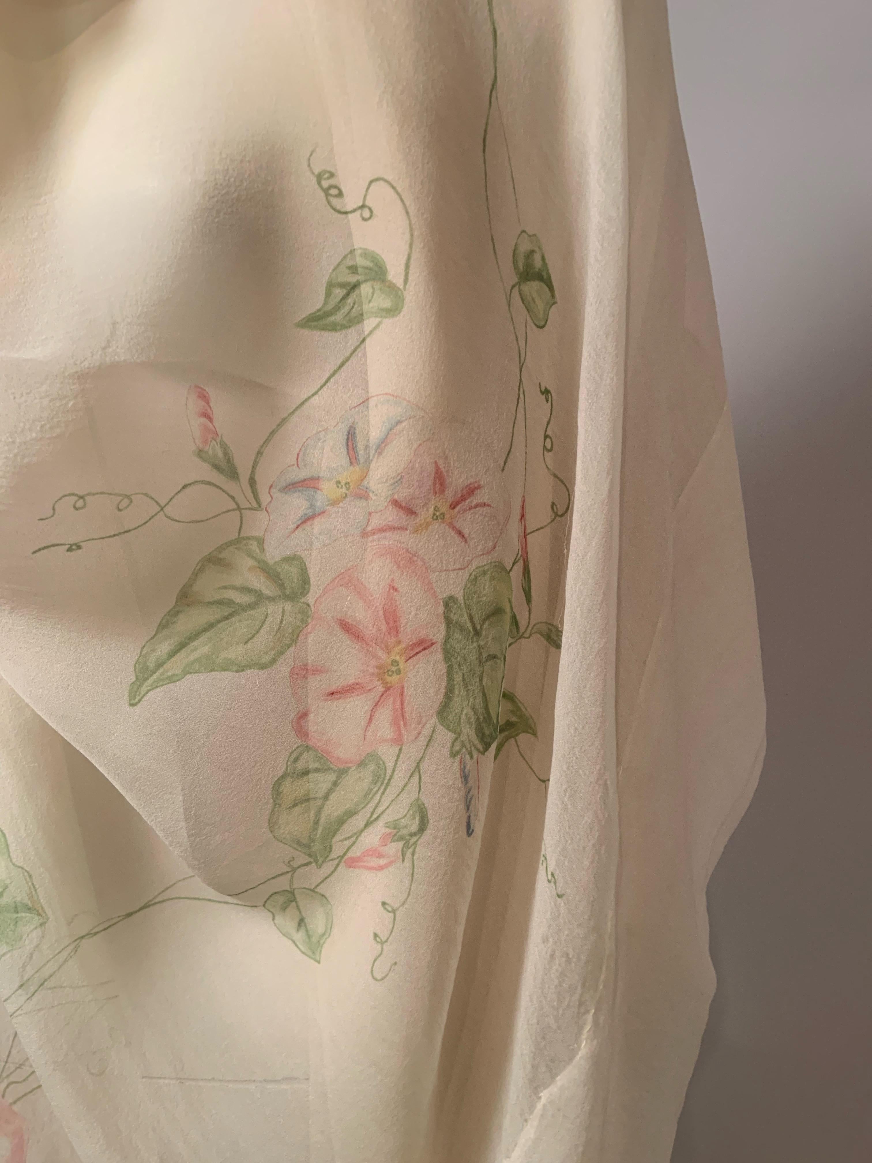 1920's Hand Painted Floral Silk Chiffon Summer Shawl For Sale 6