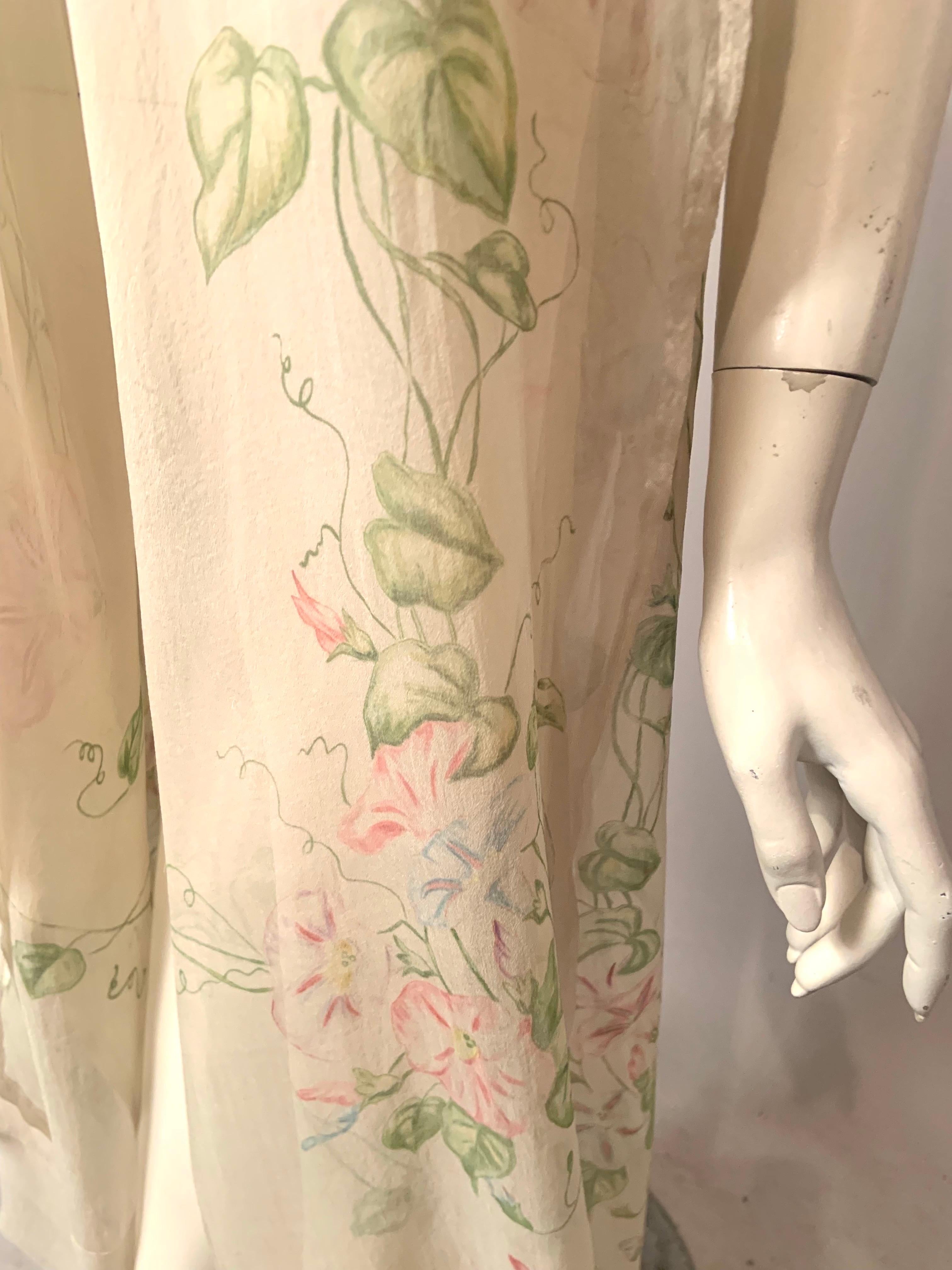 1920's Hand Painted Floral Silk Chiffon Summer Shawl For Sale 7