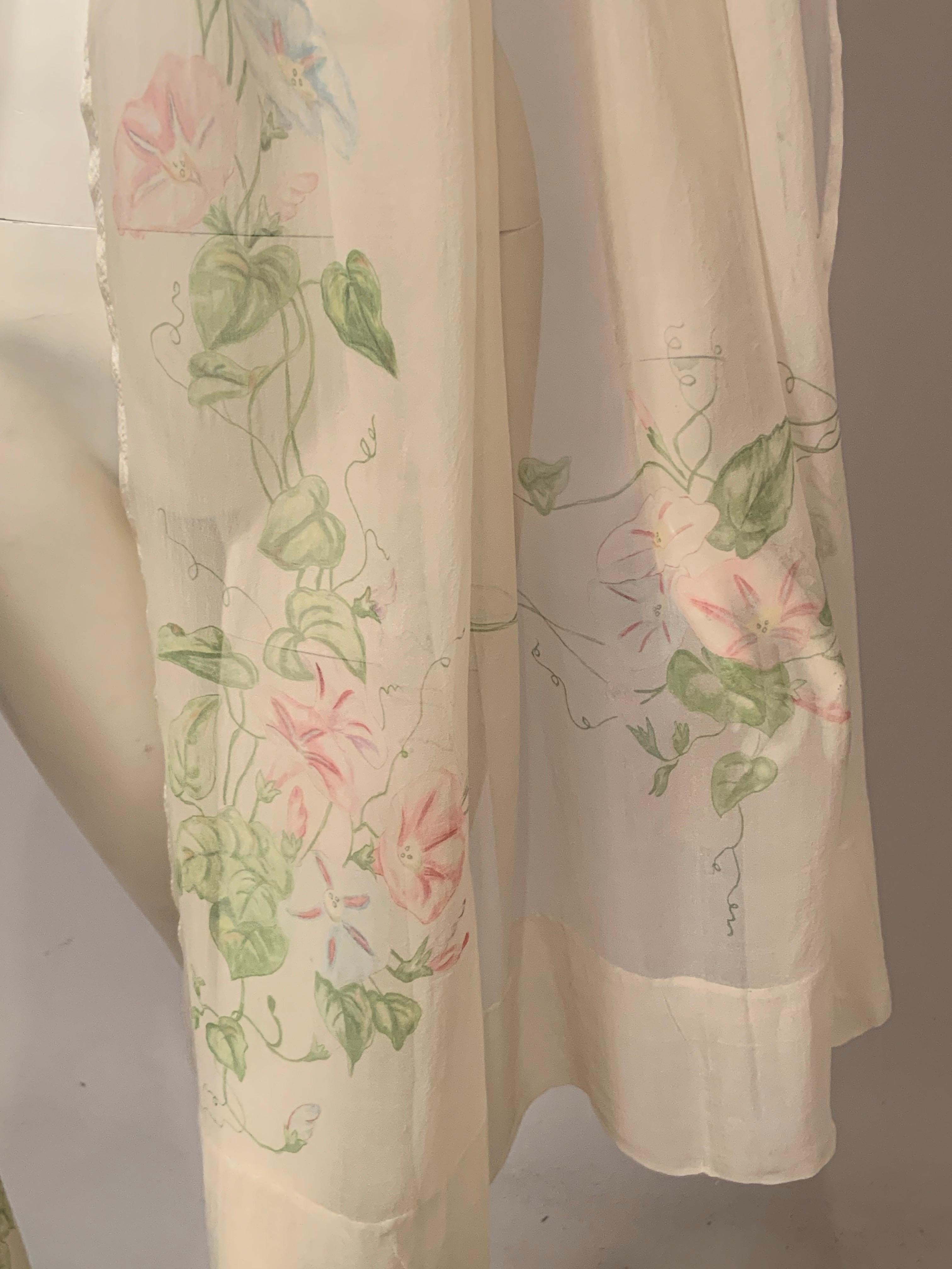 1920's Hand Painted Floral Silk Chiffon Summer Shawl For Sale 8