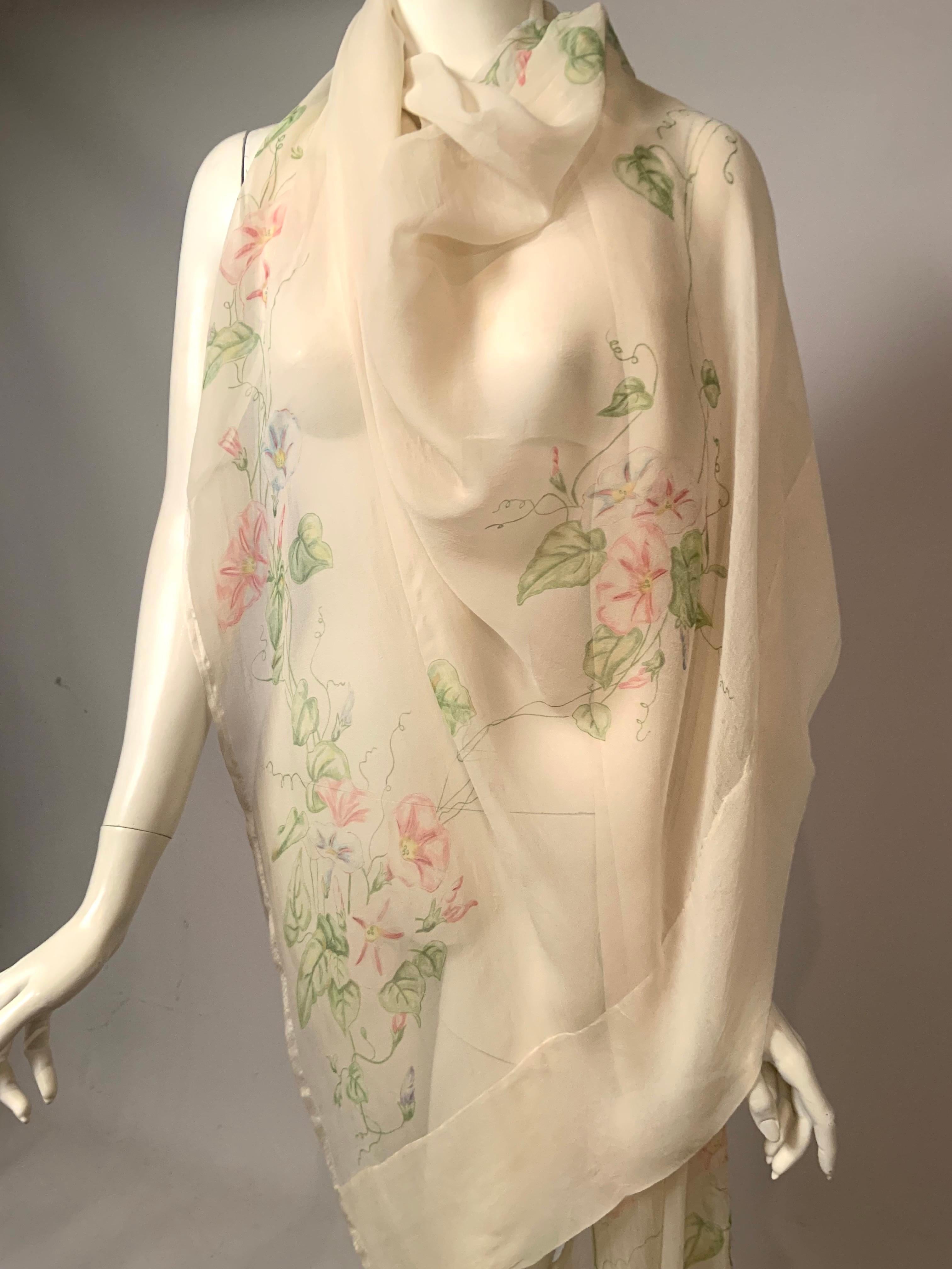 1920's Hand Painted Floral Silk Chiffon Summer Shawl For Sale 9