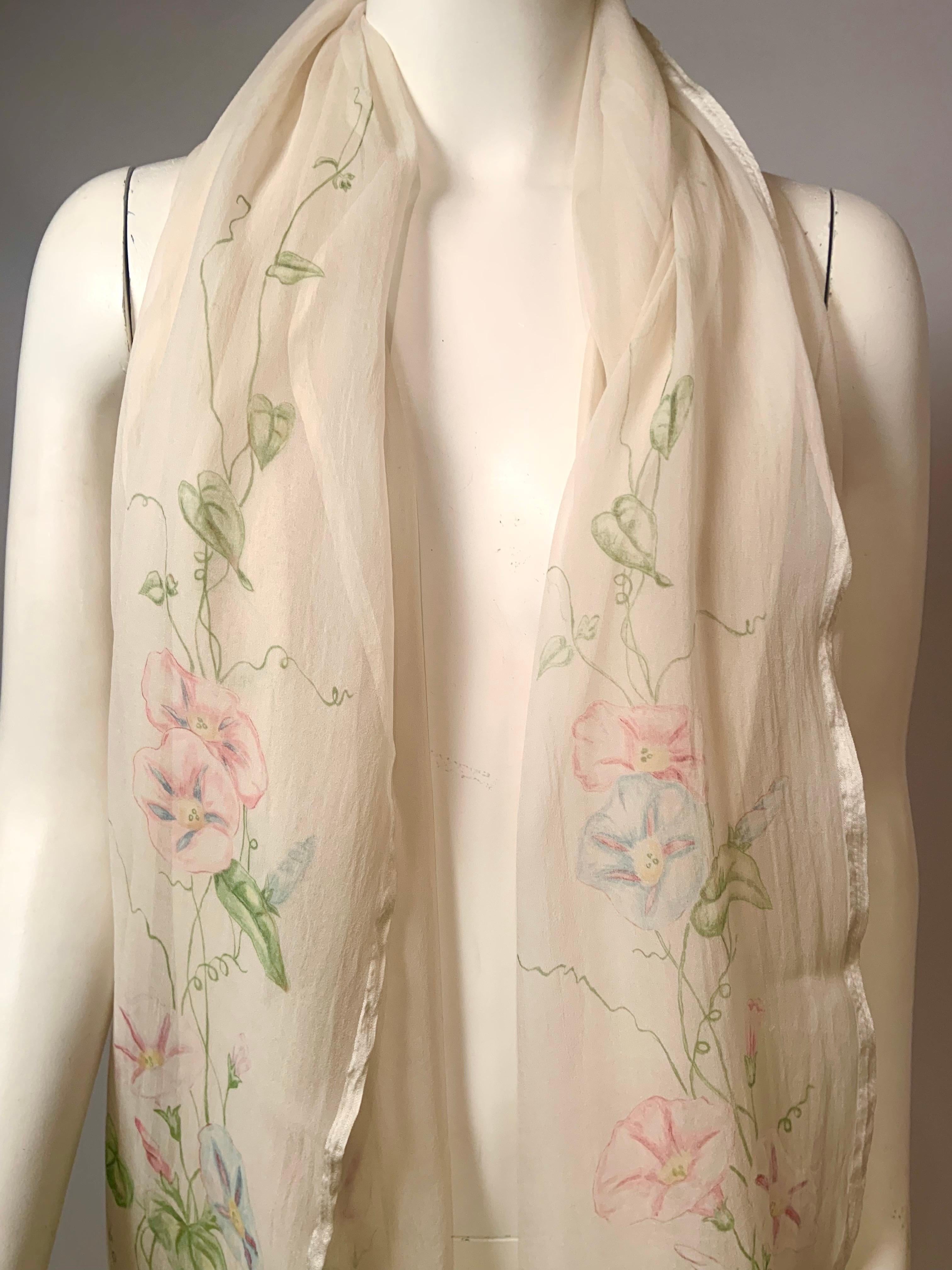 Beige 1920's Hand Painted Floral Silk Chiffon Summer Shawl For Sale