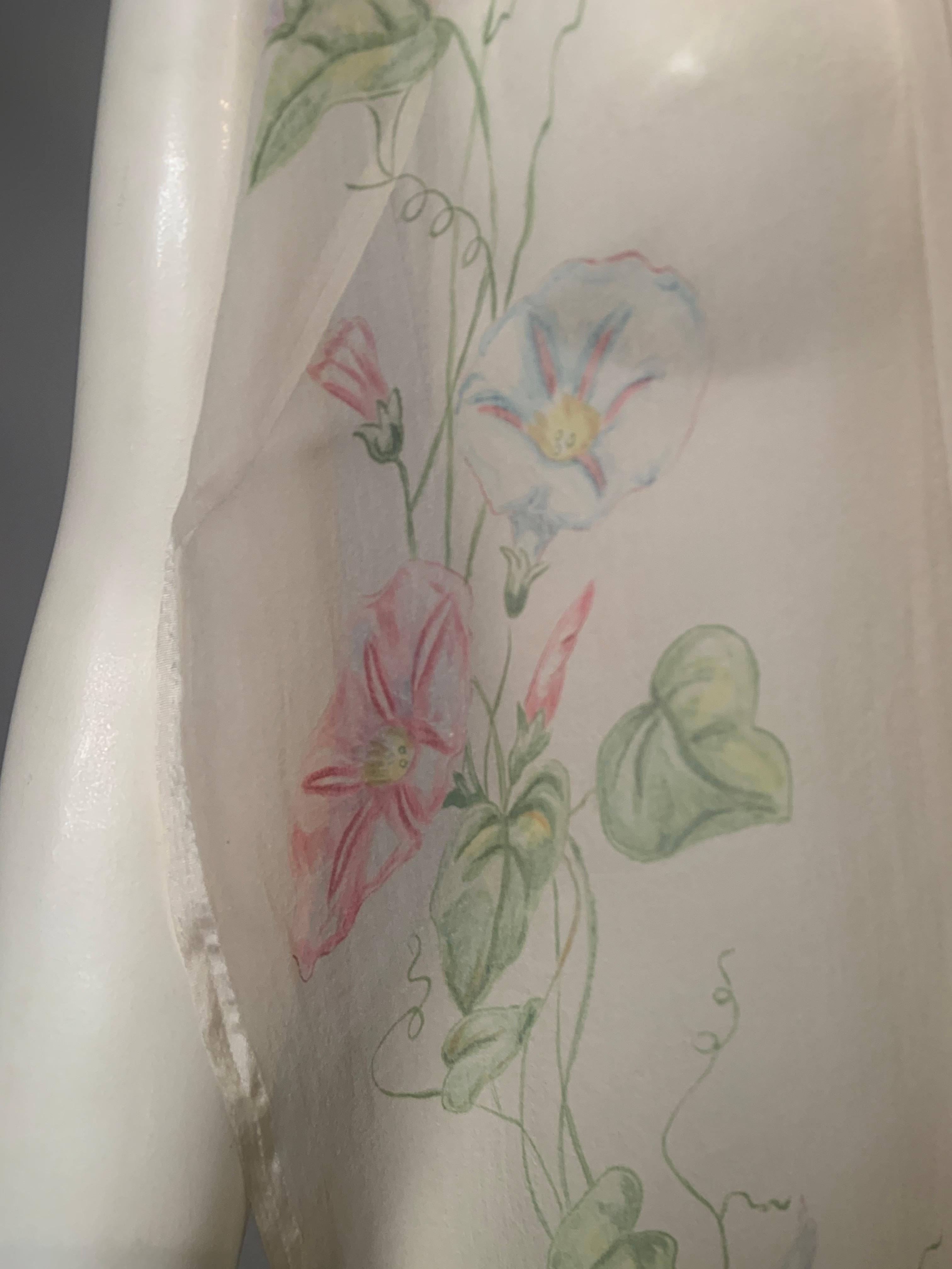1920's Hand Painted Floral Silk Chiffon Summer Shawl In Excellent Condition For Sale In New Hope, PA