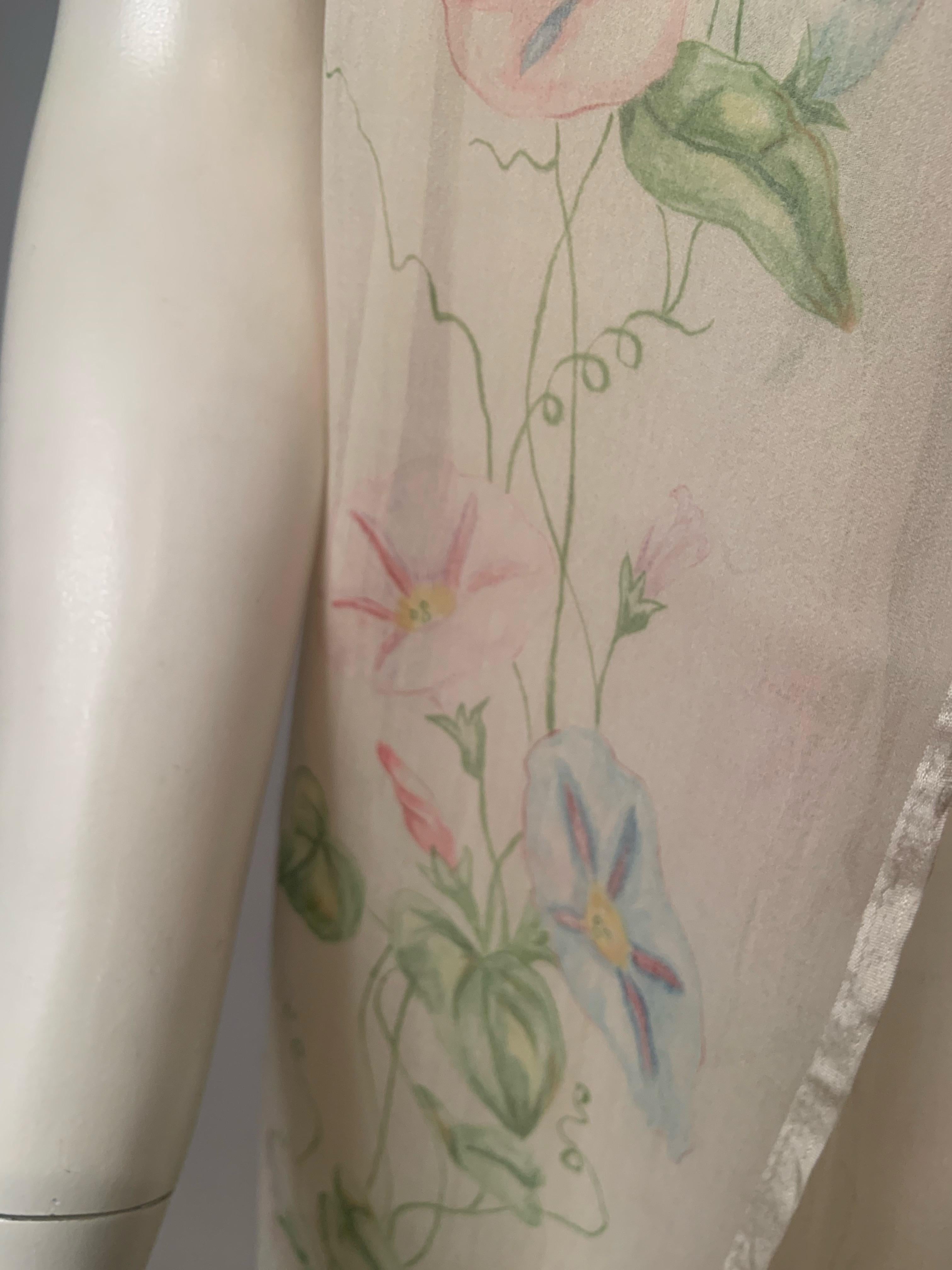 Women's 1920's Hand Painted Floral Silk Chiffon Summer Shawl For Sale