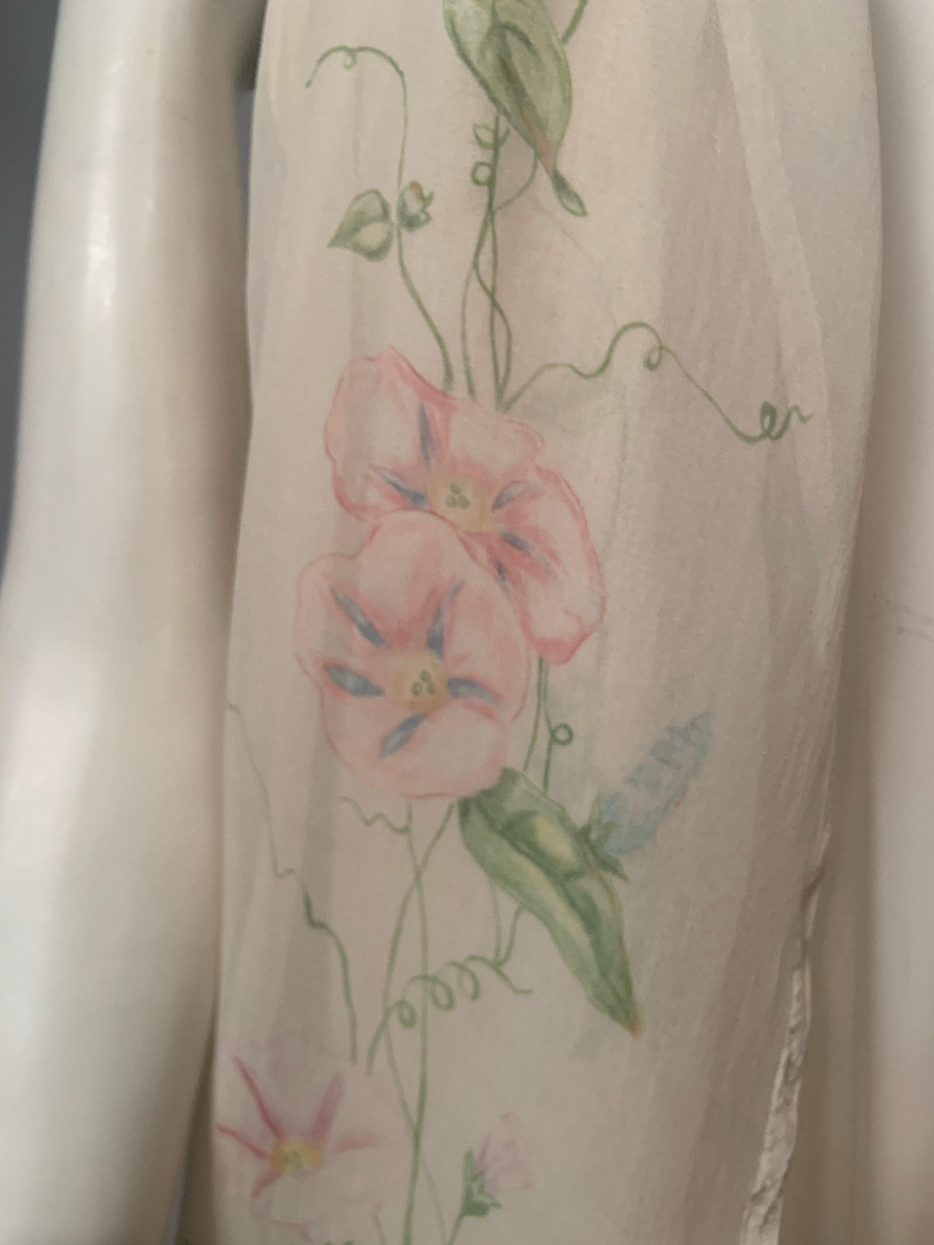 1920's Hand Painted Floral Silk Chiffon Summer Shawl For Sale 1