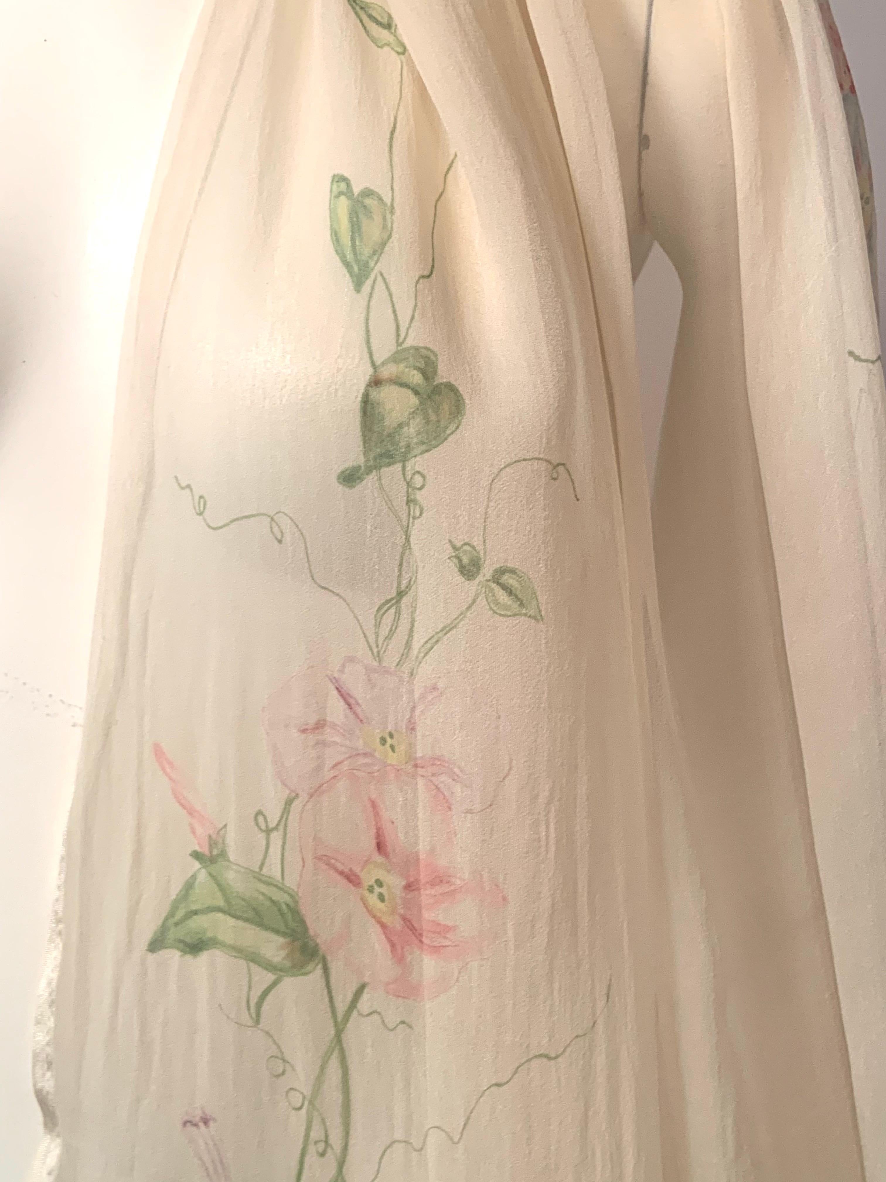 1920's Hand Painted Floral Silk Chiffon Summer Shawl For Sale 2