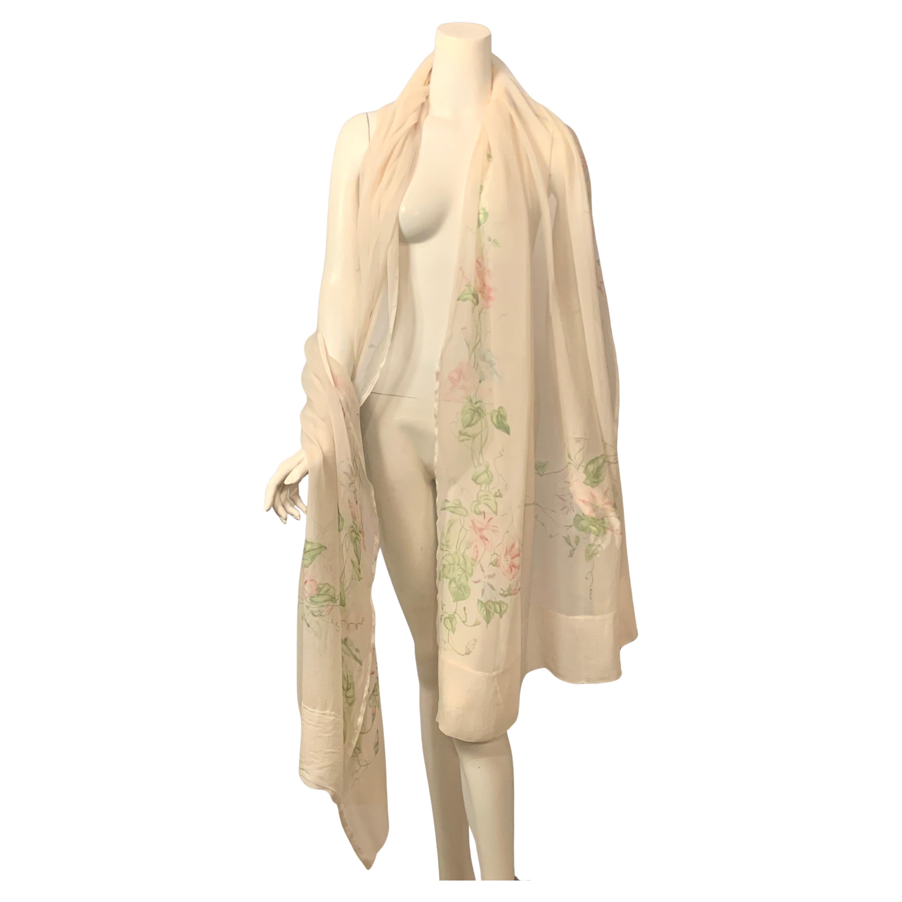1920's Hand Painted Floral Silk Chiffon Summer Shawl For Sale