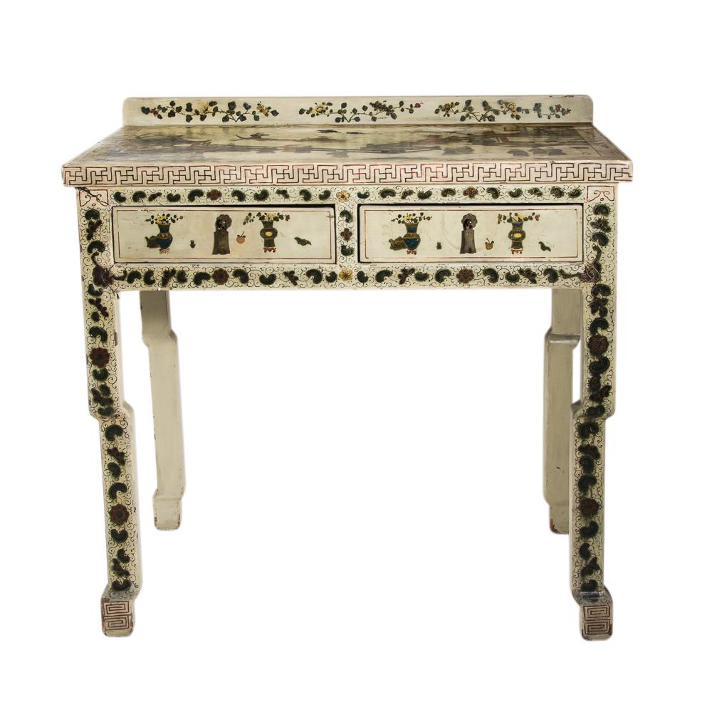 Chinoiserie 1920s Hand Painted White Lacquered Dressing Table with Matching Stool Italian