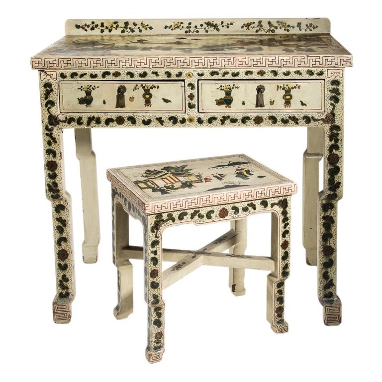 1920s Hand Painted White Lacquered Dressing Table with Matching Stool