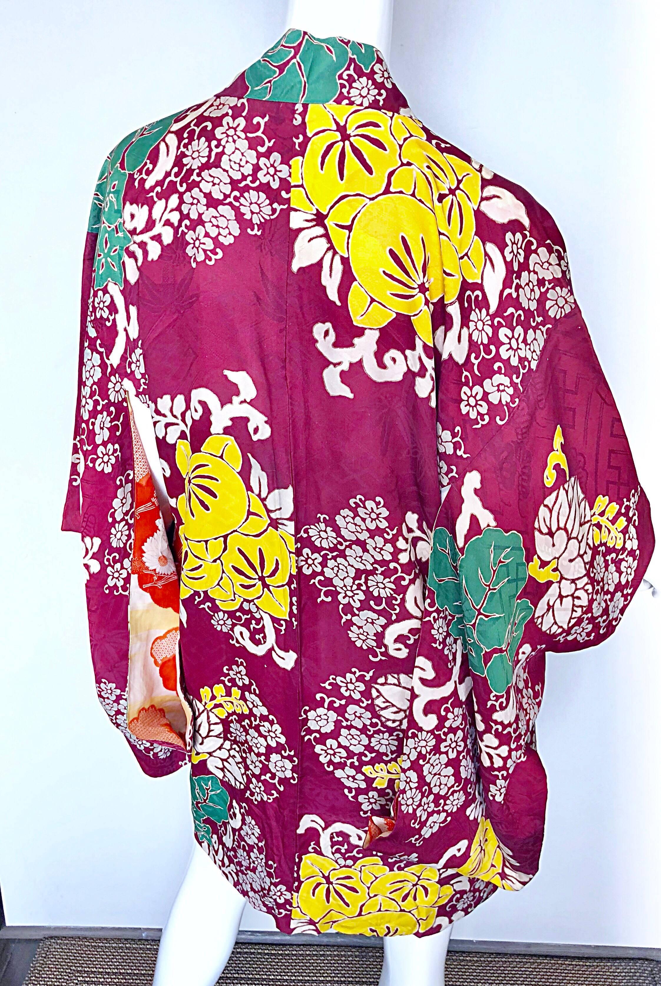 1920s Hand Sewn Silk Damask Vintage 20s Maroon Pink Haori Kimono Jacket  For Sale 1