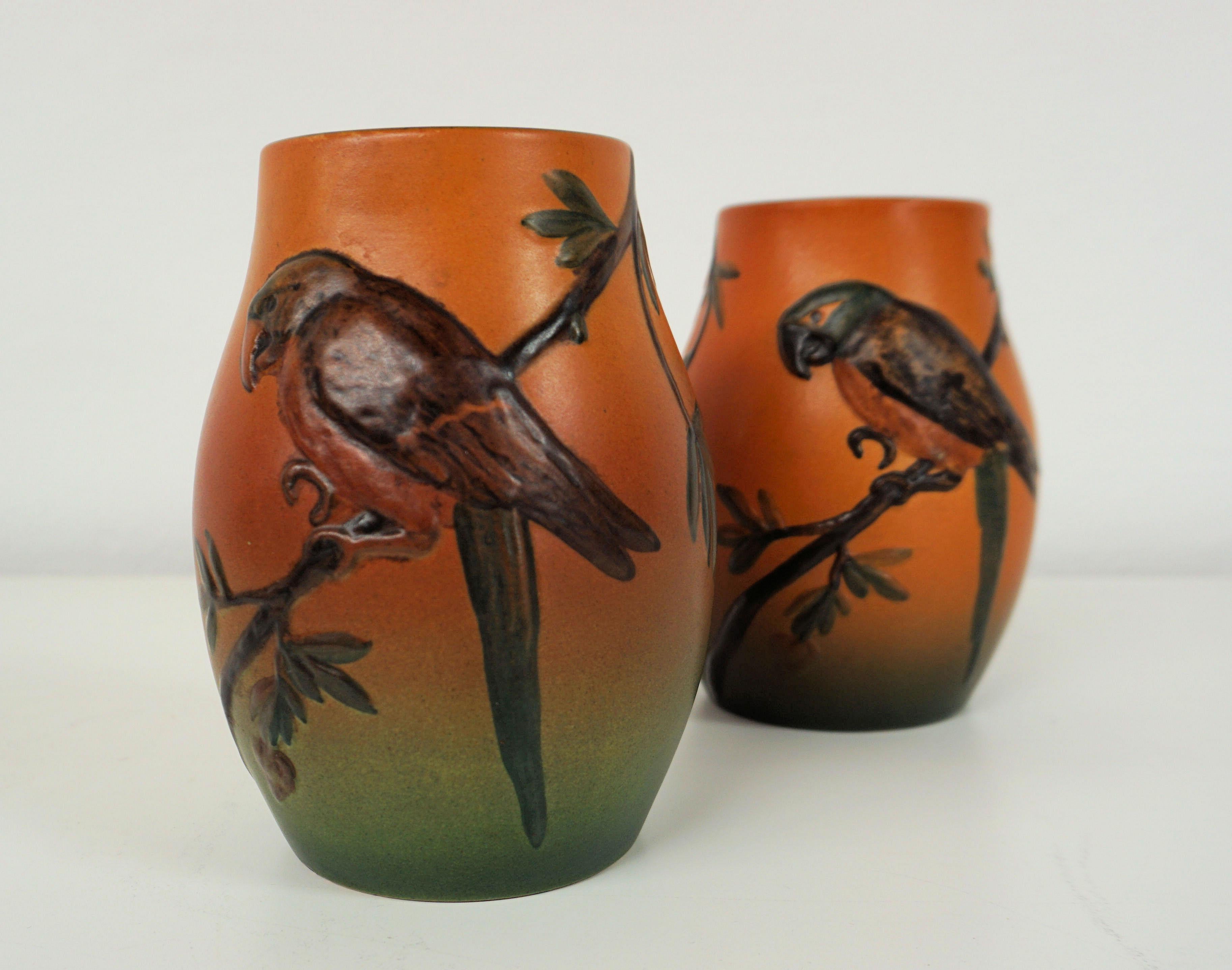 Hand-Crafted 1920s Handcrafted Danish Art Nouveau Parrot Decorated Vases by P. Ipsens Enke