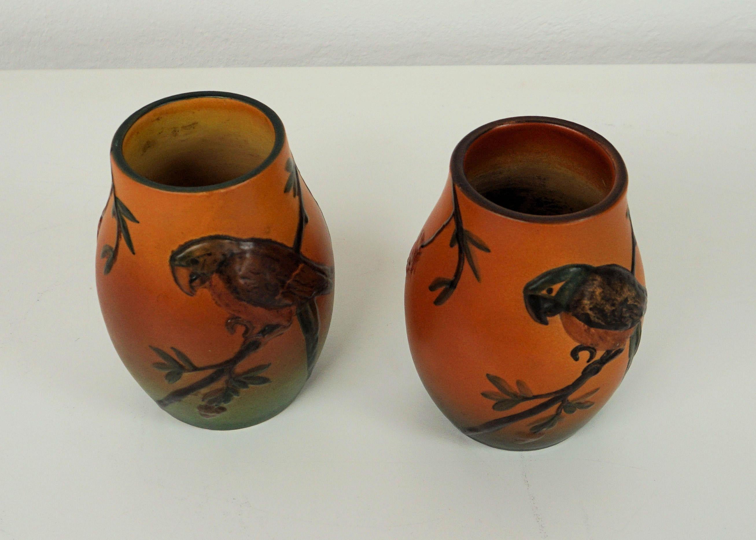 1920s Handcrafted Danish Art Nouveau Parrot Decorated Vases by P. Ipsens Enke 1