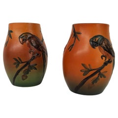 Vintage 1920s Handcrafted Danish Art Nouveau Parrot Decorated Vases by P. Ipsens Enke