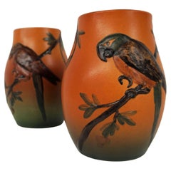 1920s Handcrafted Danish Art Nouveau Parrot Decorated Vases by P. Ipsens Enke