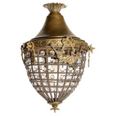 1920s Handmade Brass, Bronze, Glass and Beaded Wirework, French Lantern