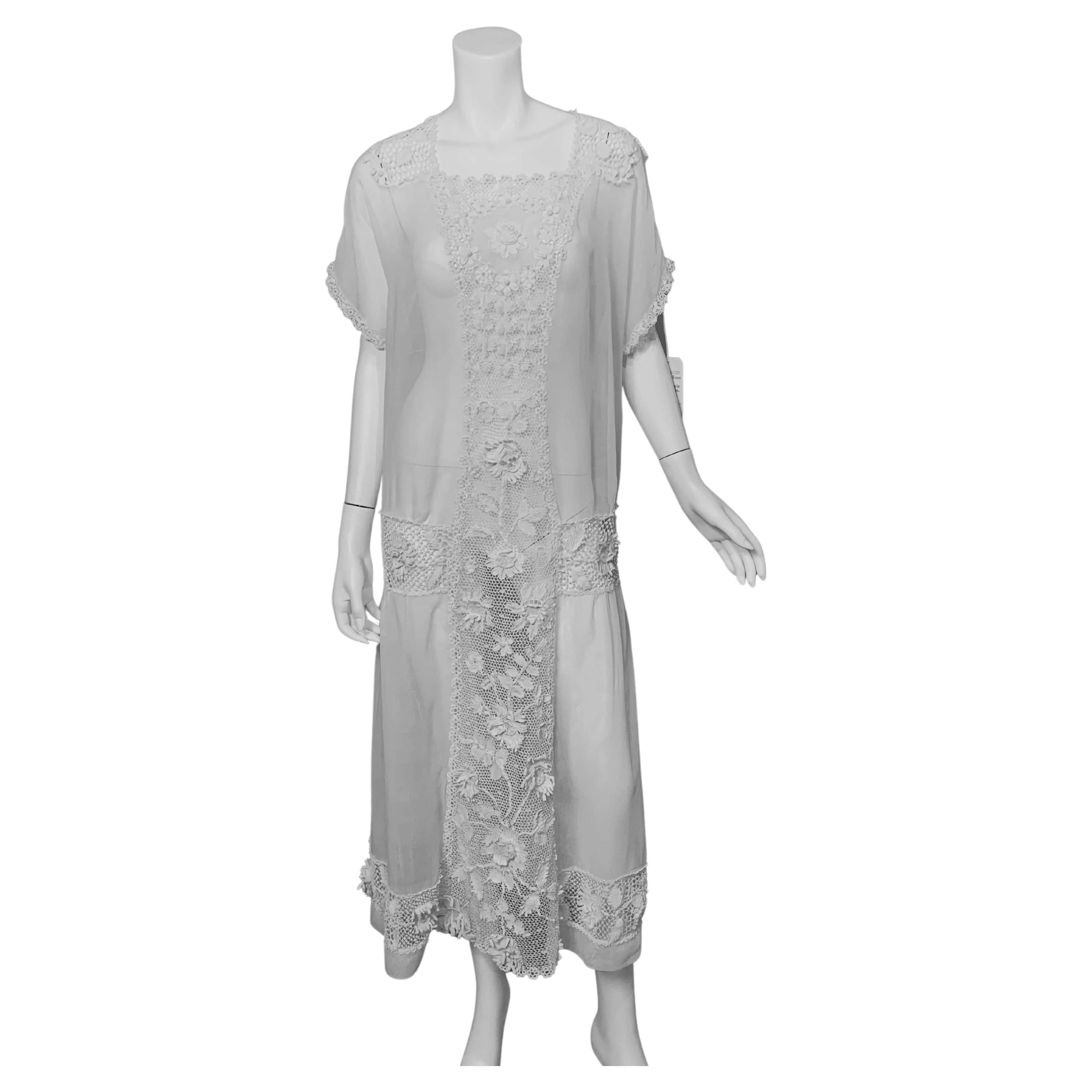 1920
s Handmade Irish Lace and Cotton Voile Dress   Larger Size