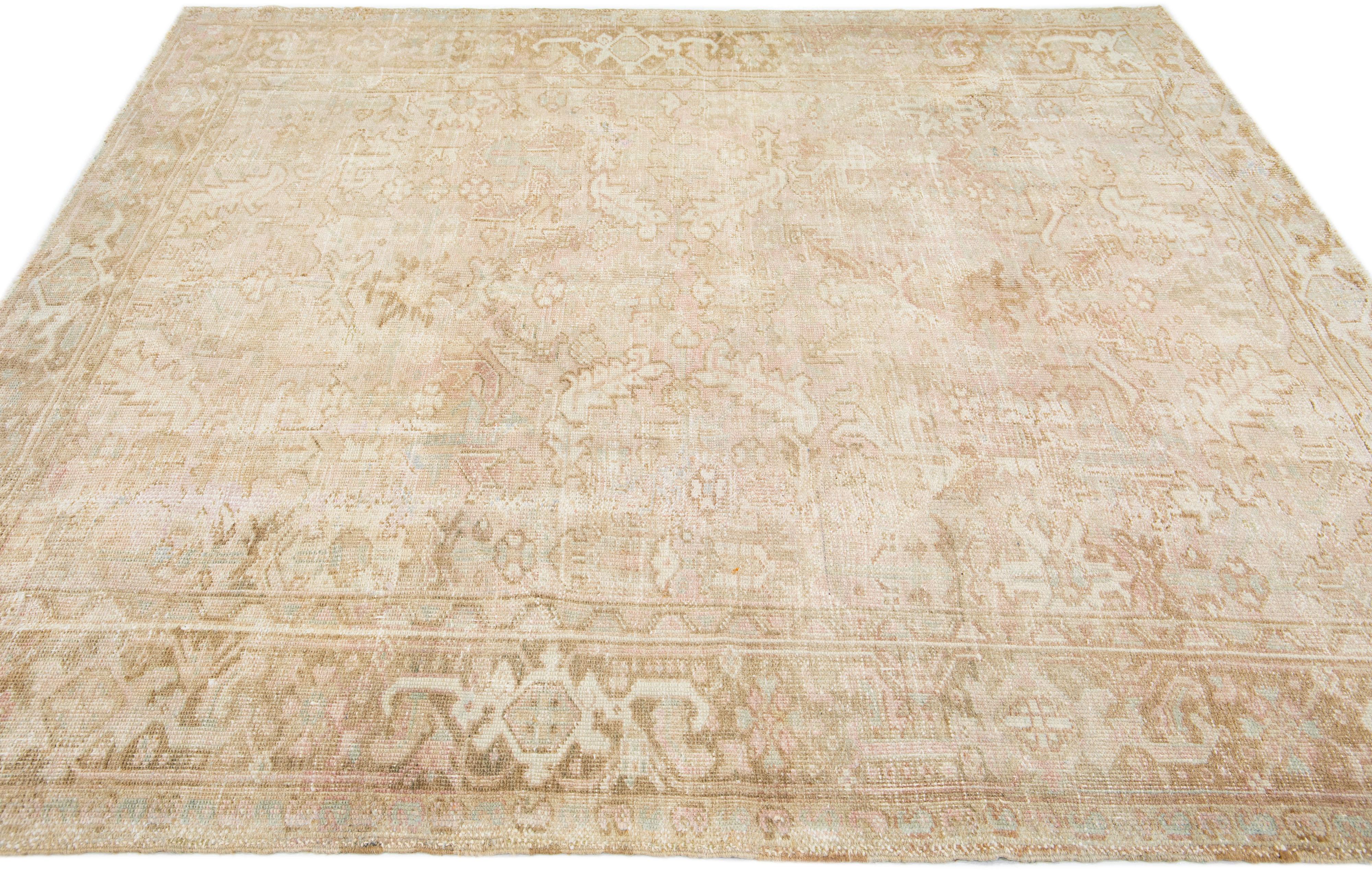 Hand-Knotted 1920s Handmade Persian Heriz Beige Wool Rug with Allover Motif For Sale
