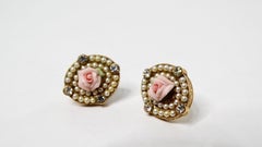 1920s Handmade Rose 18k Gold Plated Stud Earrings With Pearl & Crystal Accents